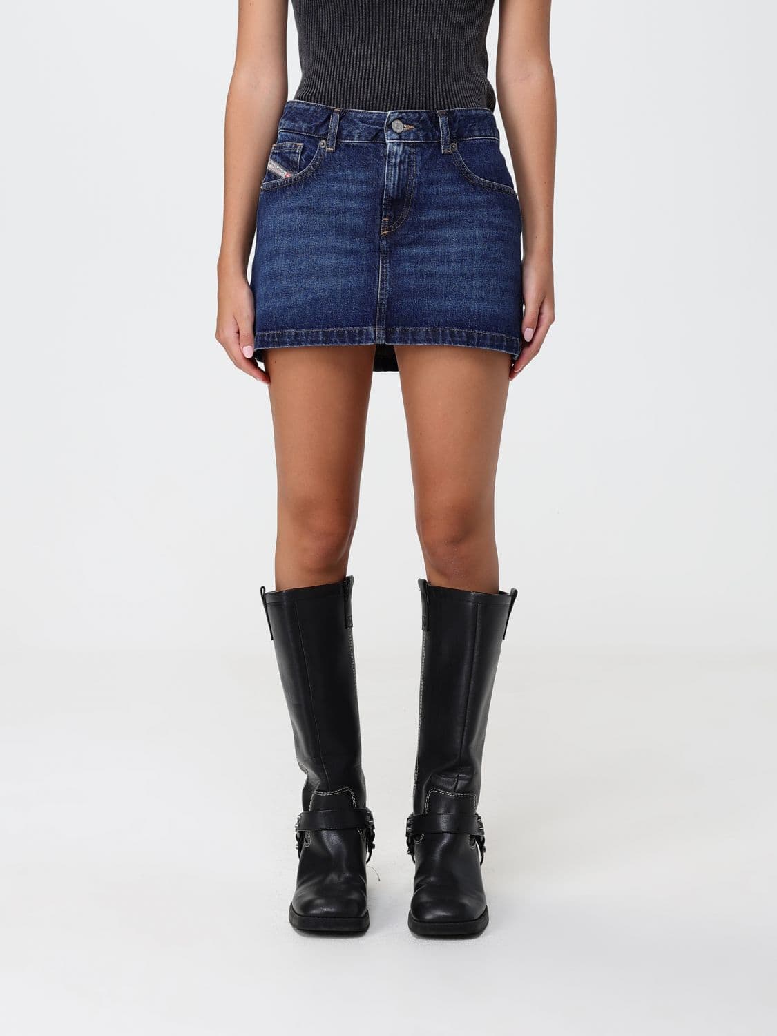 Diesel Slim Fit Cotton Denim Mini Skirt with a Five-Pocket Design