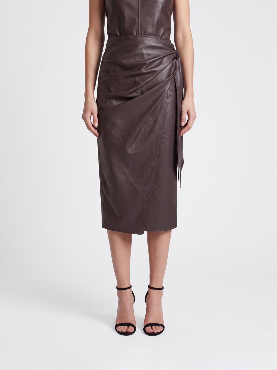 Elisabetta Franchi Draped Faux Leather Midi Wrap Skirt with High Waist