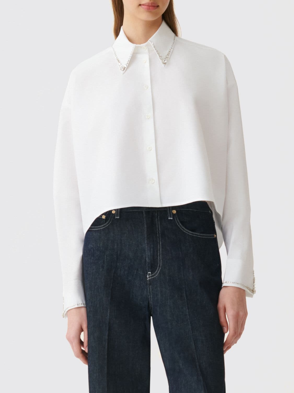 Fabiana Filippi Long-Sleeved Cotton Shirt with a Jewelled Collar and Rhinestones