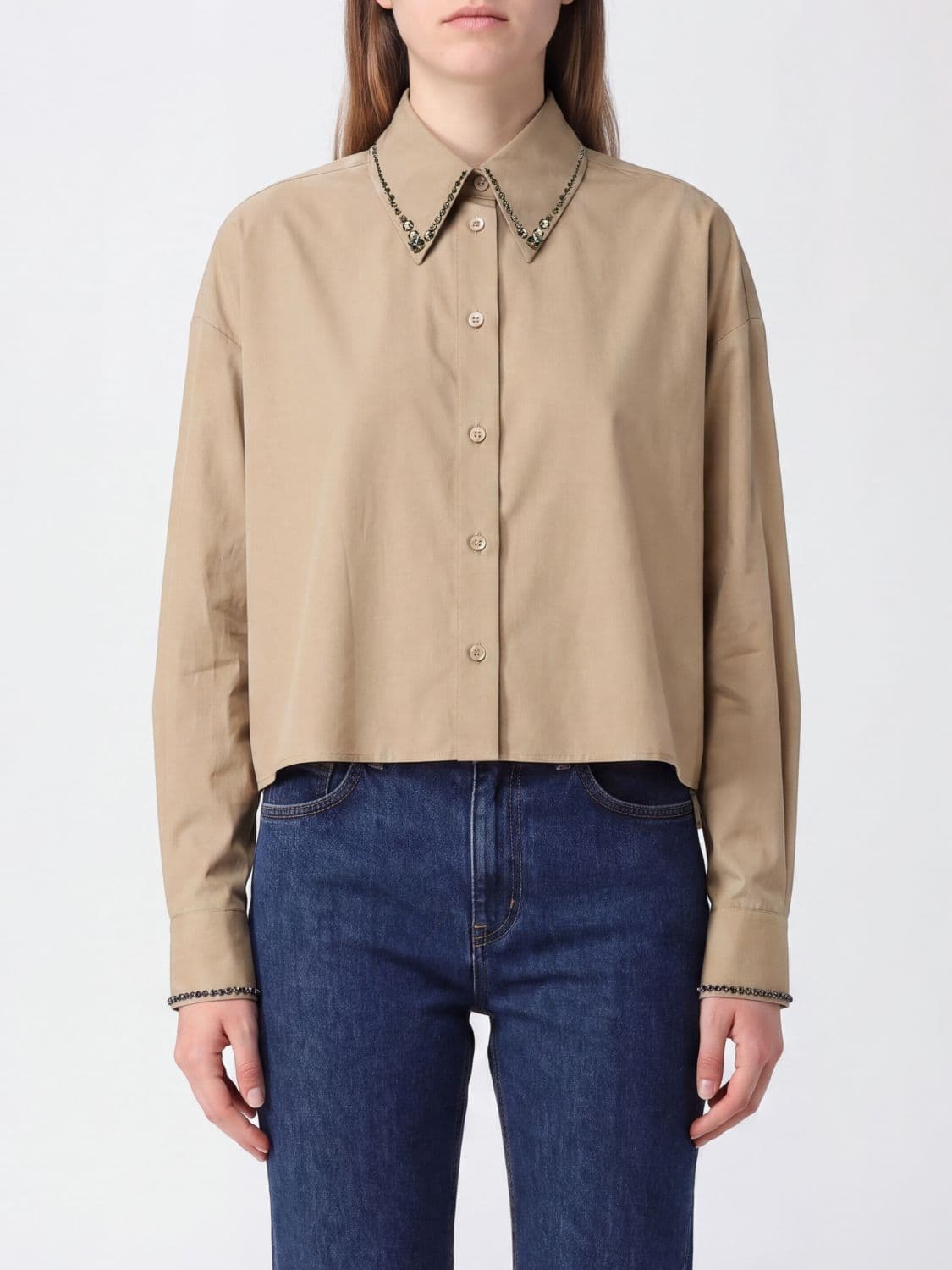 Fabiana Filippi Long-Sleeved Cotton Shirt with a Jewelled Collar and Rhinestones · 40