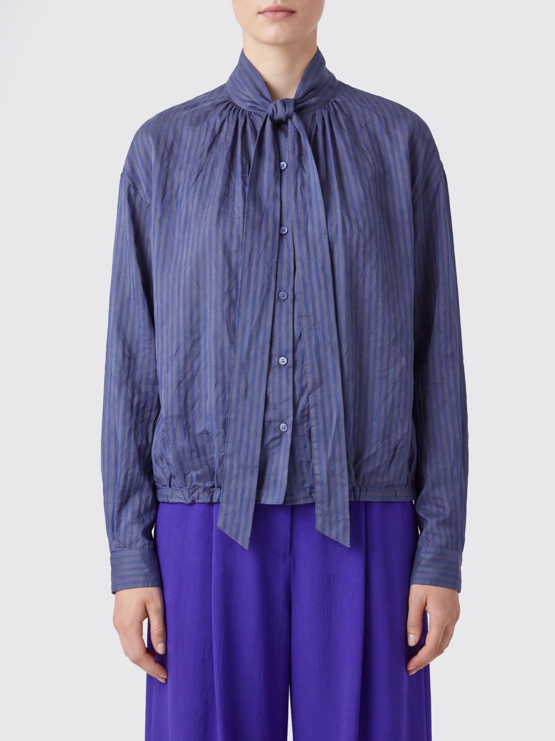 Dries Van Noten Striped Cupro Pussy-Bow Shirt