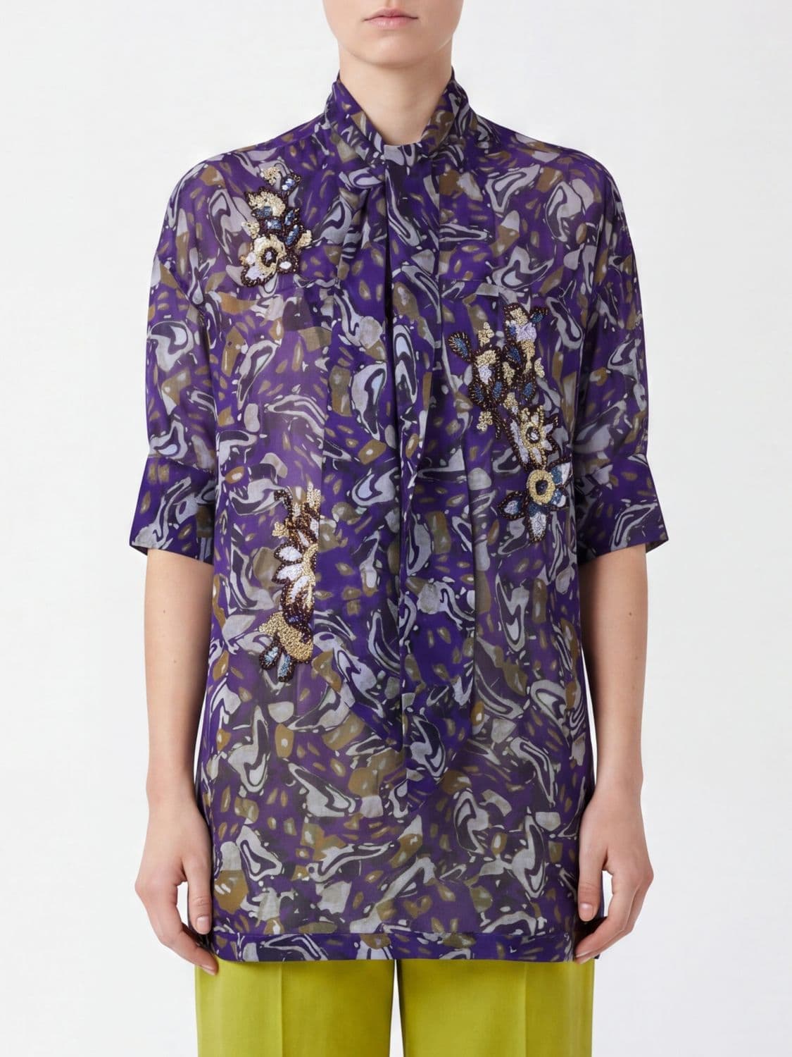 Dries Van Noten Short-Sleeved Printed Shirt with Floral Appliqués