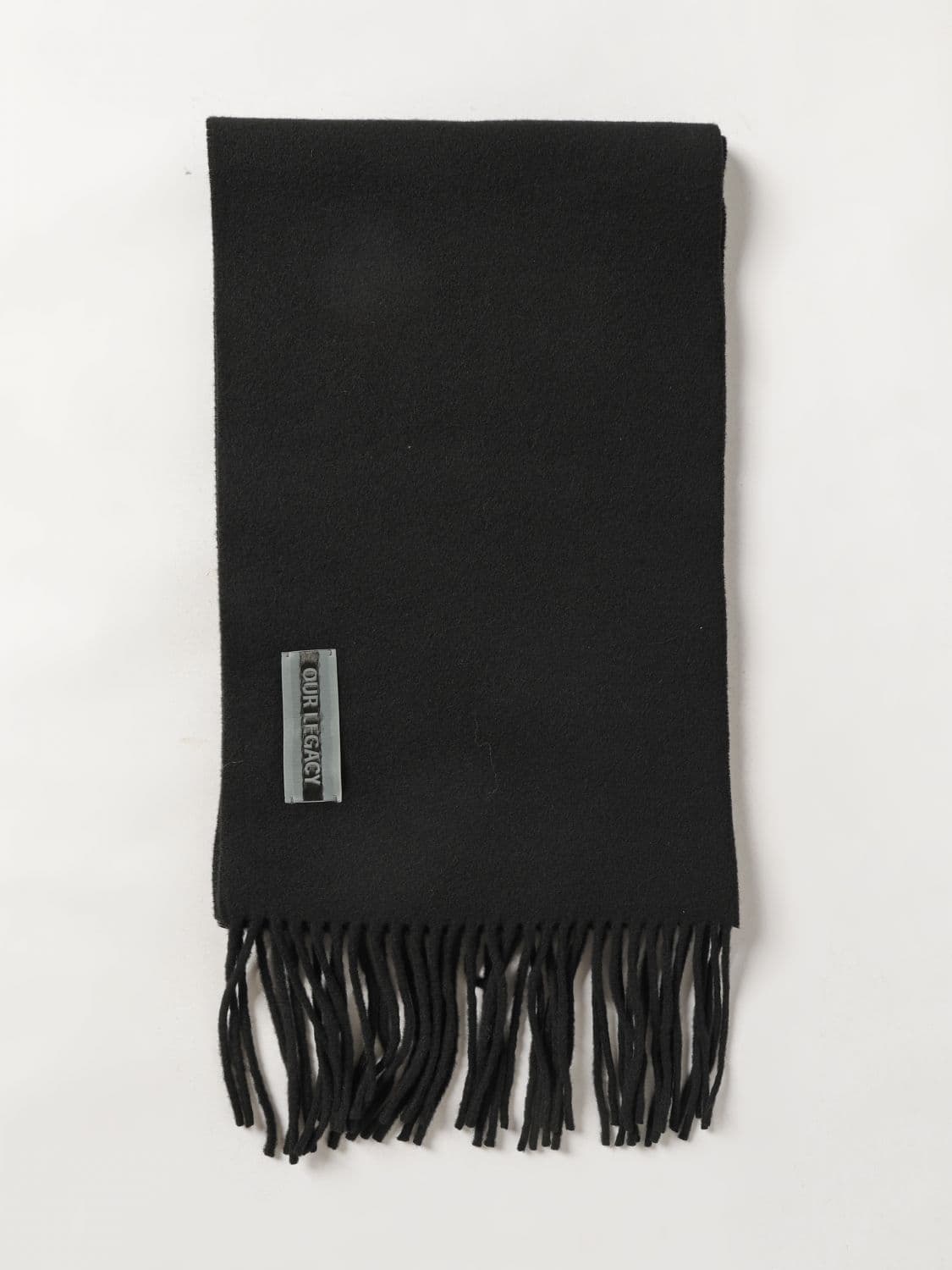 Our Legacy Estate Wool Scarf in Black with Fringed Edges and Logo · OS