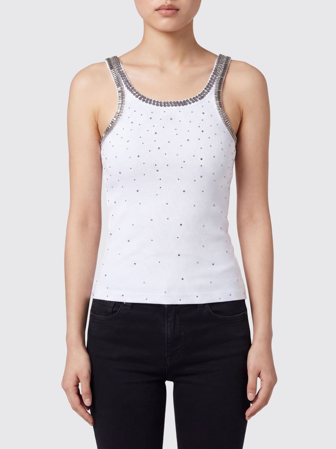 Pinko Slim Fit Stretch-Cotton Off-The-Shoulder Top with Rhinestone Embroidery
