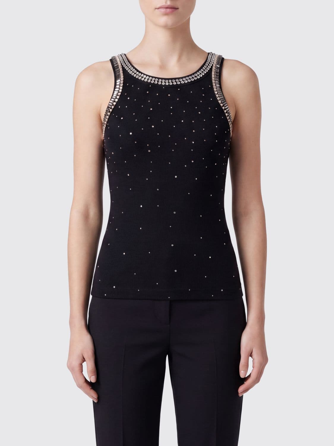 Pinko Slim Fit Stretch-Cotton Off-The-Shoulder Top with Rhinestone Embroidery