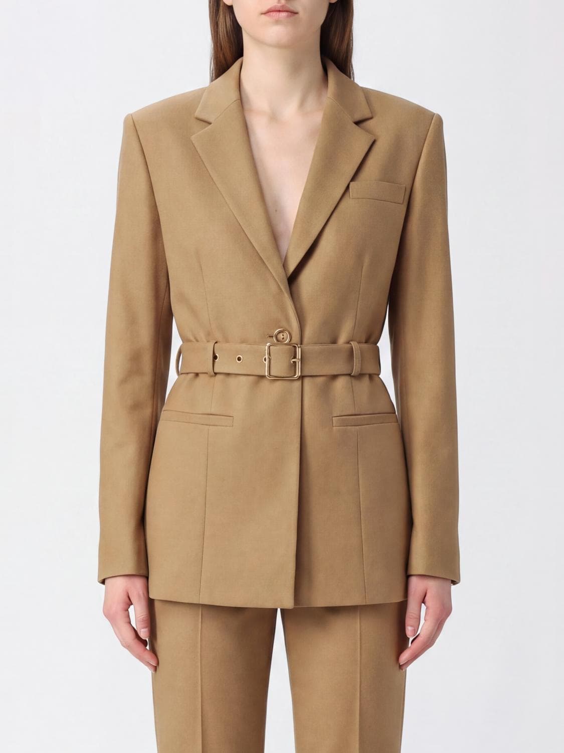 Pinko Slim Fit Single-Breasted Wool Blend Blazer with Waist Belt