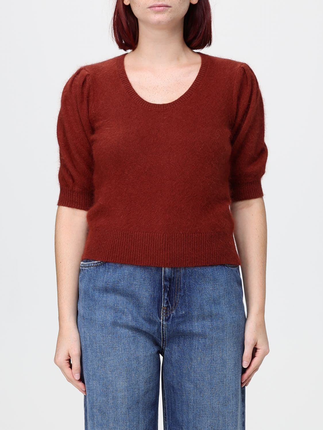Twinset Cropped Wool-Blend Jumper with Short Puff Sleeves and U-Neck
