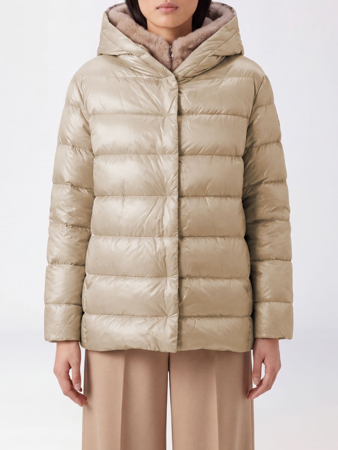 Herno Water-Repellent Nylon Down Jacket with Shearling Hood