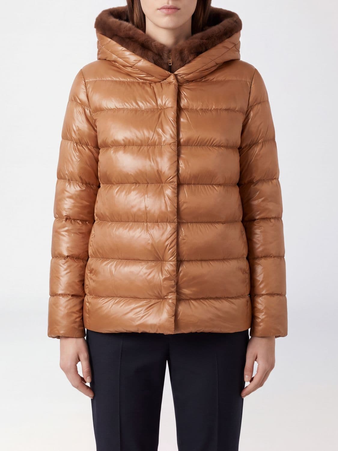 Herno Water-Repellent Nylon Down Jacket with Shearling Hood
