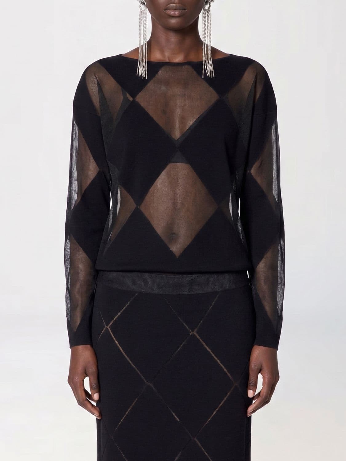 Liviana Conti Railey Sheer Virgin Wool Crewneck Jumper with Diamond Pattern