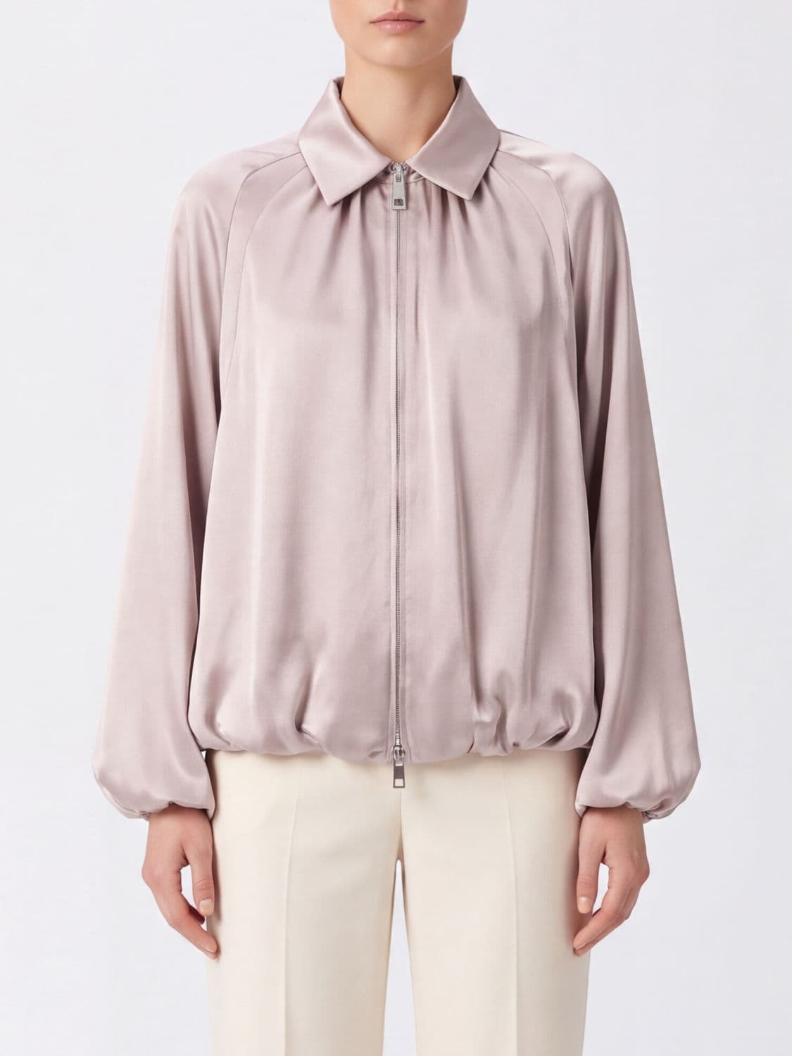 Liviana Conti Cropped Draped Satin Bomber Jacket with Balloon Sleeves