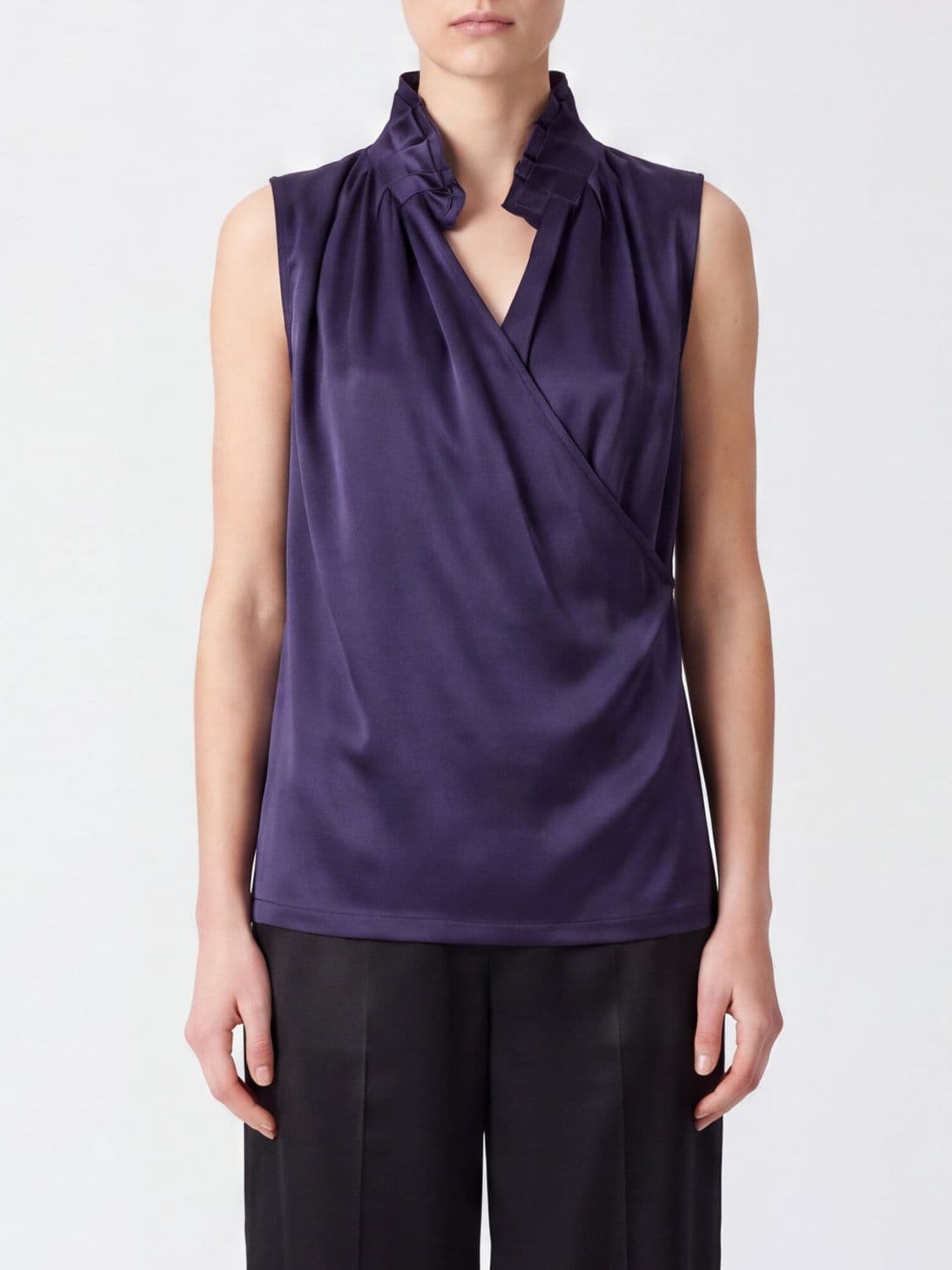 Liviana Conti Sleeveless Draped Satin Blouse with Ruffled Collar