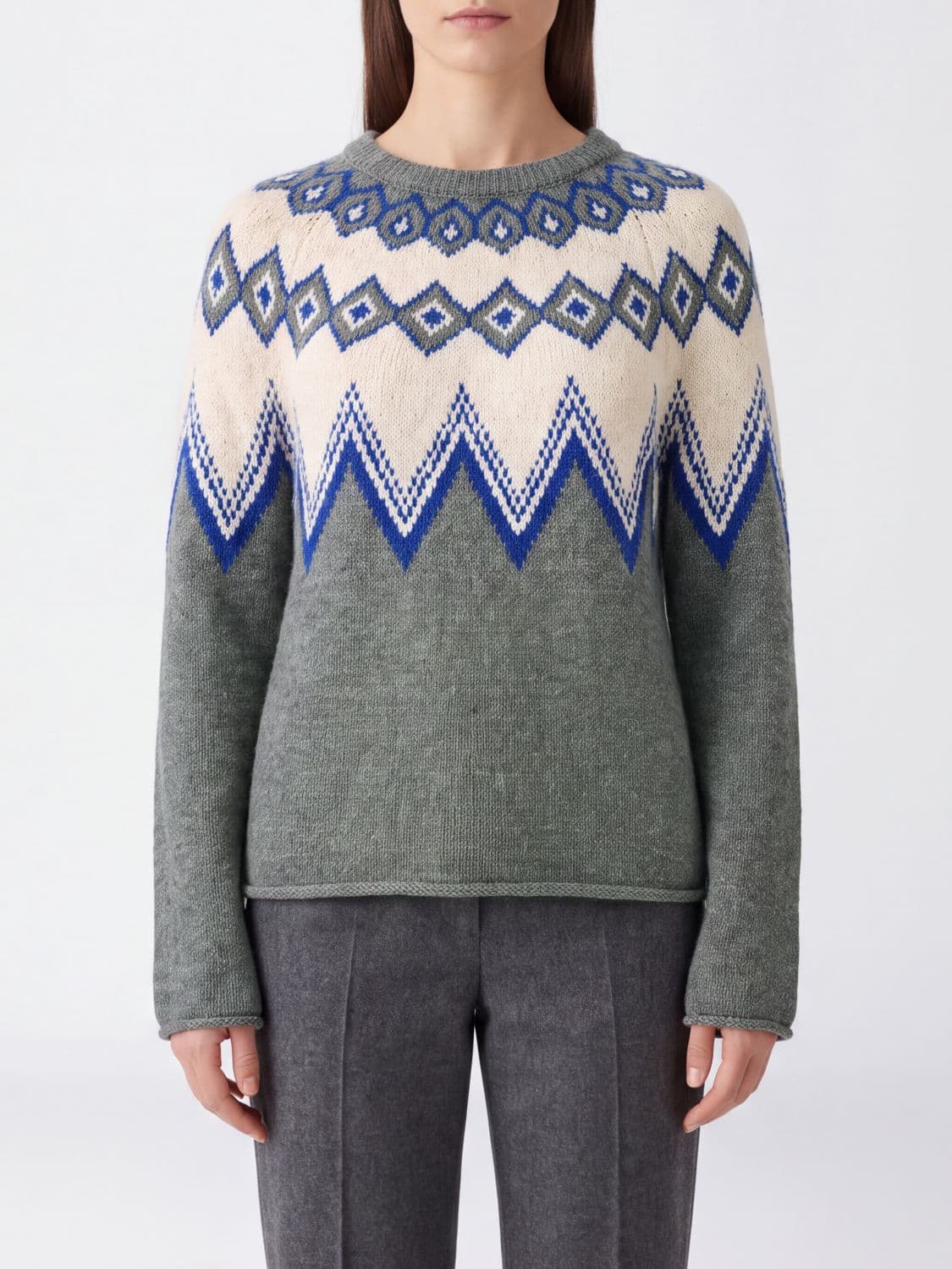 Liviana Conti Cashmere Blend Crewneck Jumper with Ethnic Pattern