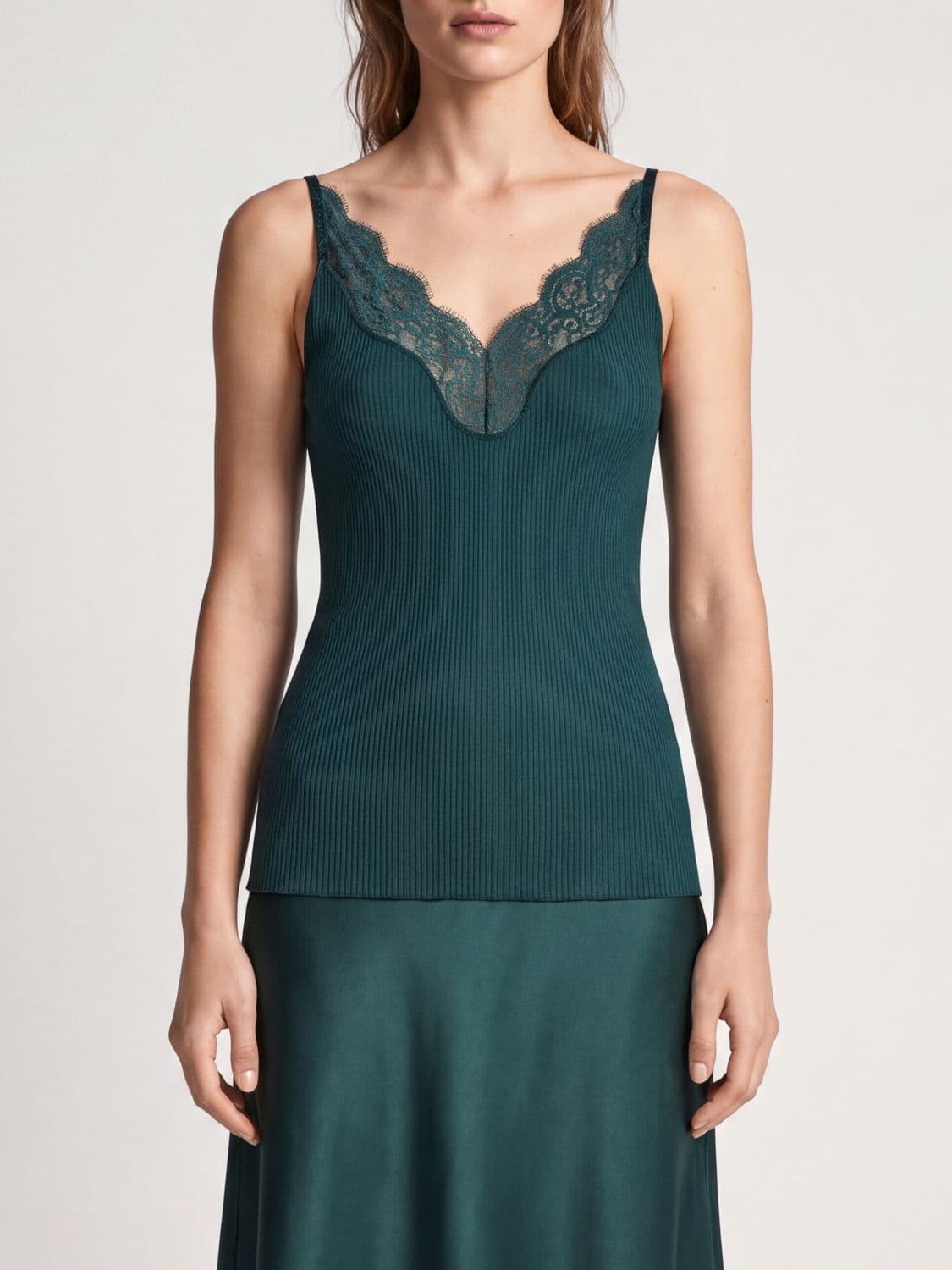 Saint Laurent Ribbed Silk Knit Top with Lace Inserts