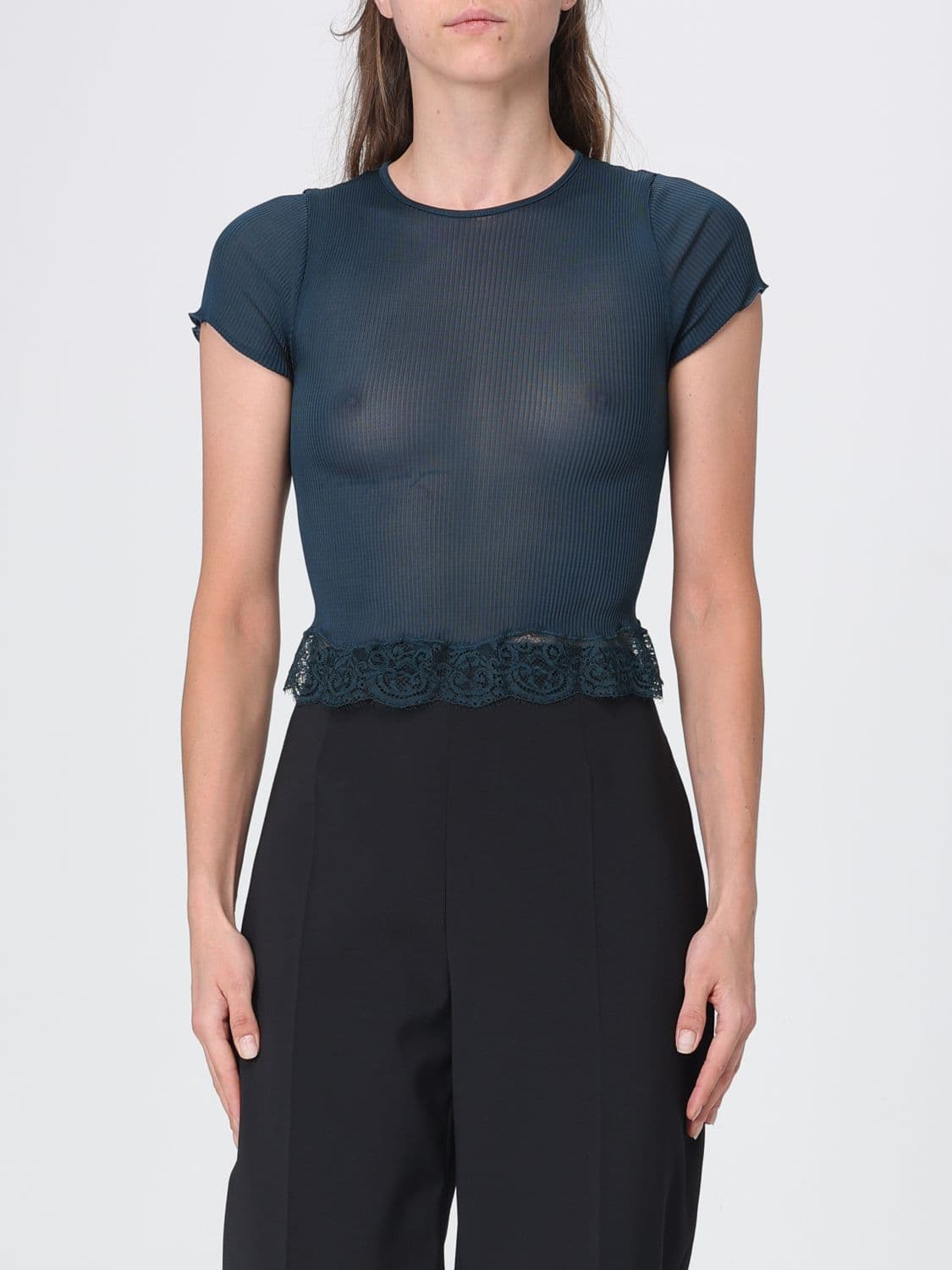 Saint Laurent Cropped Sheer Silk Top with Short Sleeves and Lace Inserts