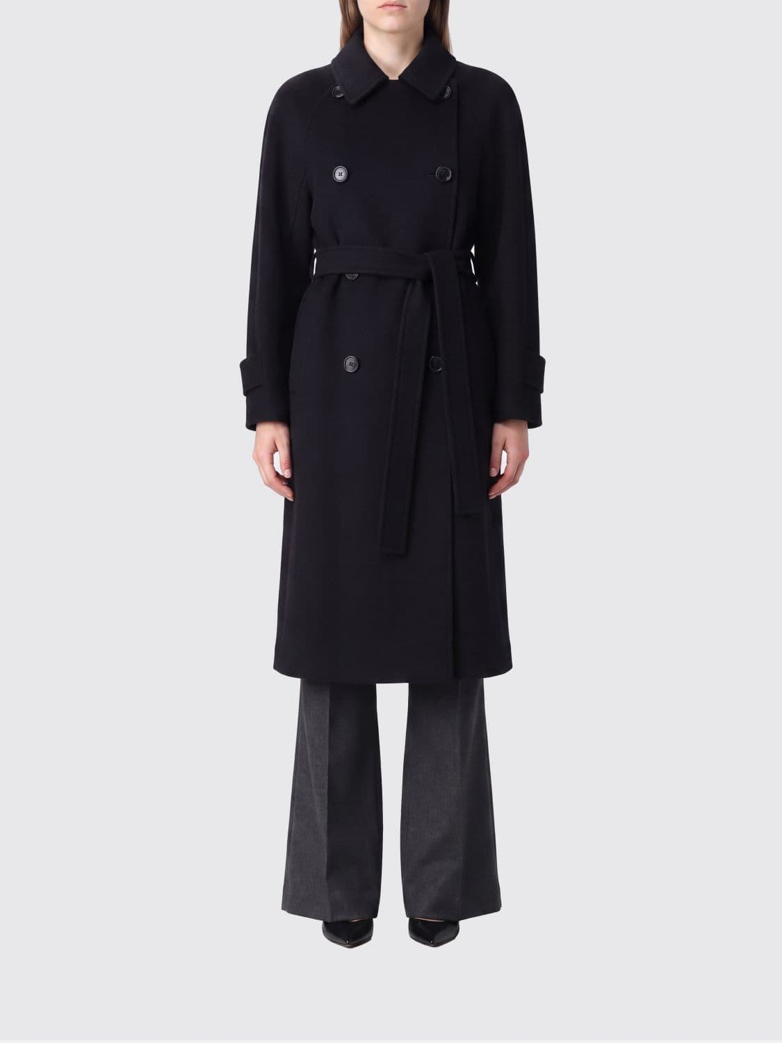 's Max Mara Long Double-Breasted Coat in Pure Virgin Wool with Belt