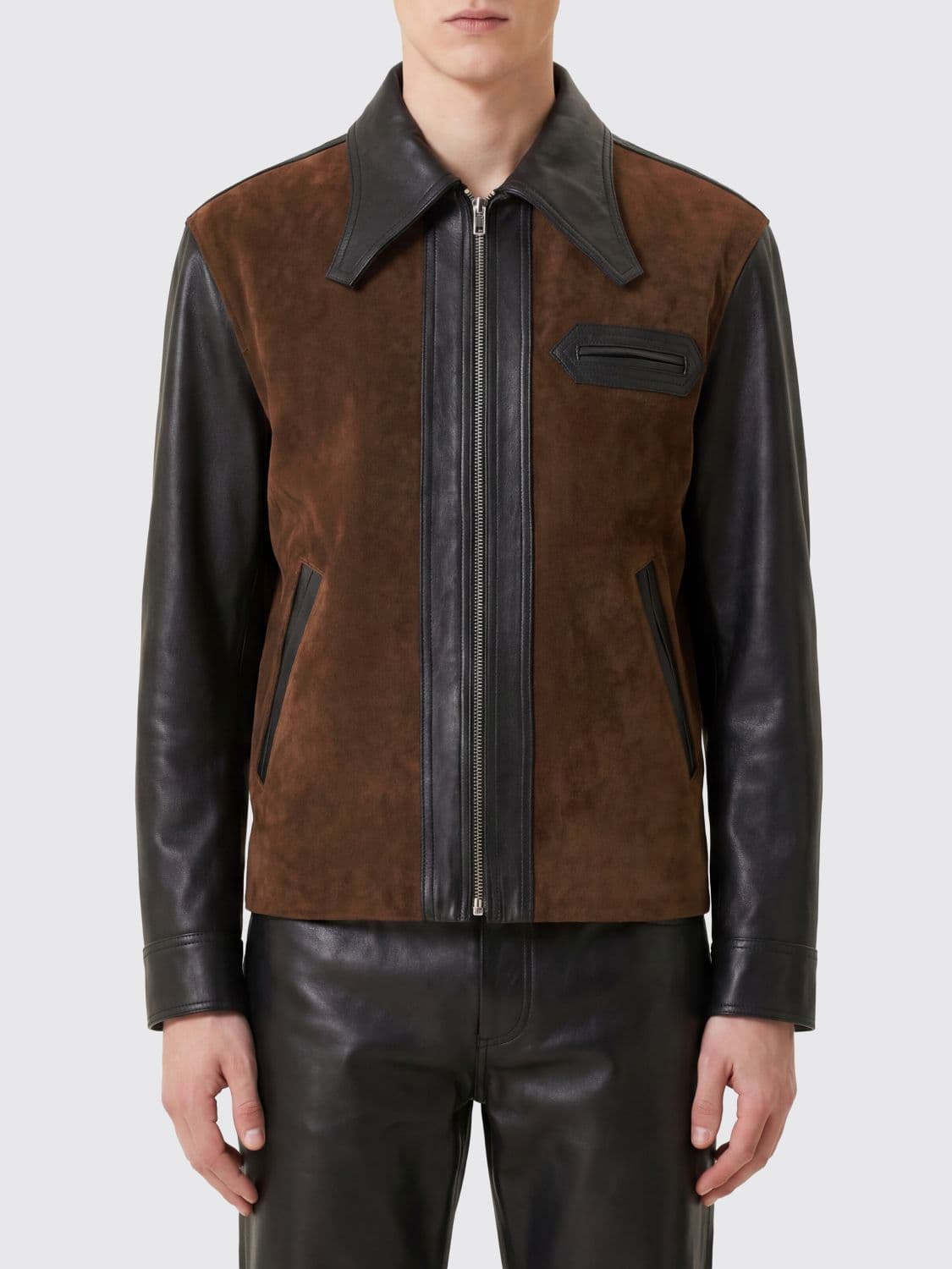 Marni Bicolor Suede Leather Jacket with Pointed Collar