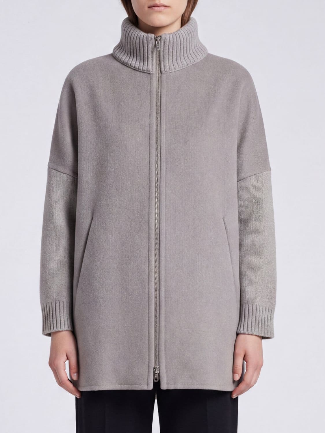 Herno Short Wool-Blend Cape with Turtleneck and Zip Closure