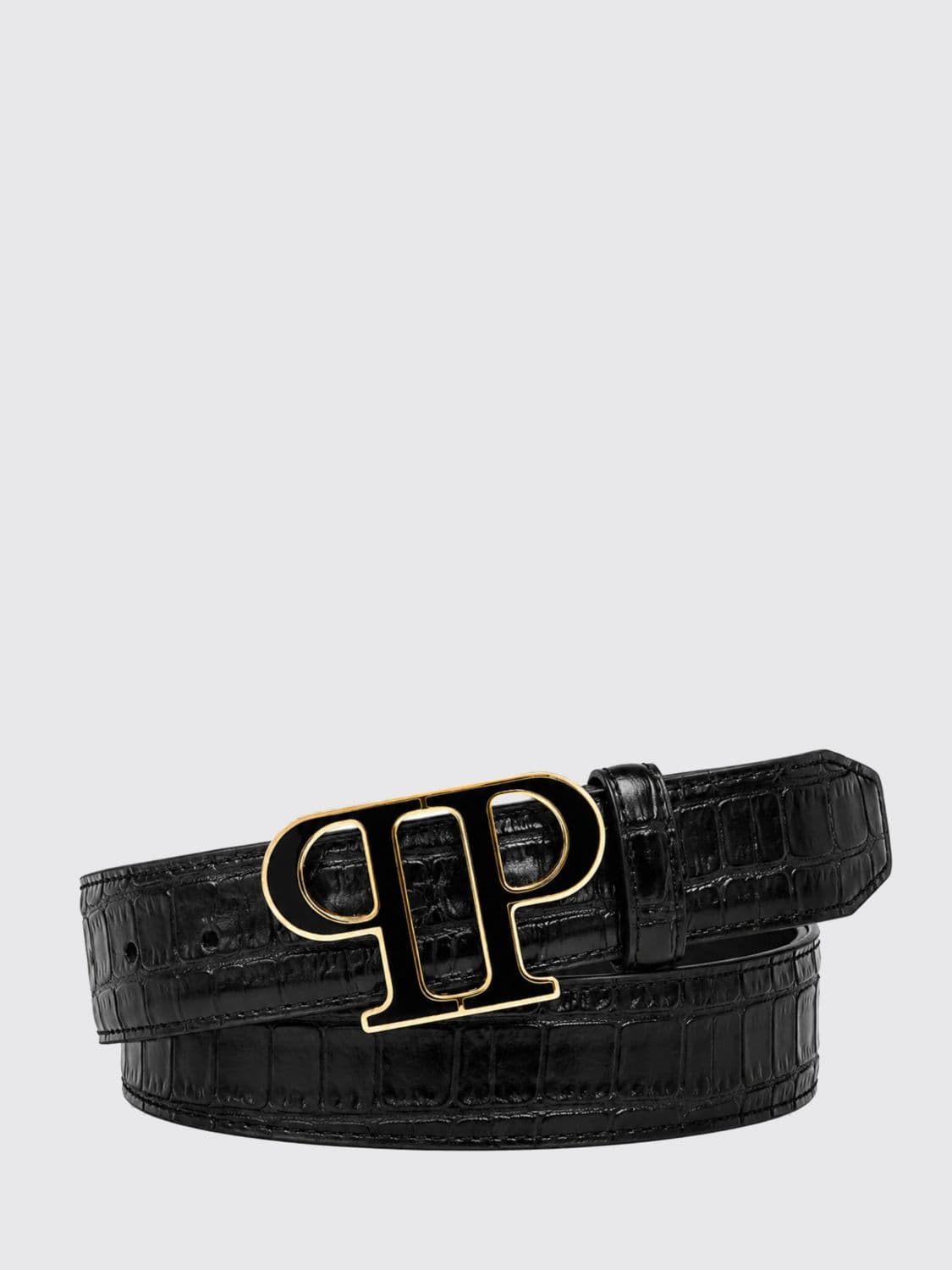 Philipp Plein Croc-Embossed Calfskin Belt with Monogram Buckle