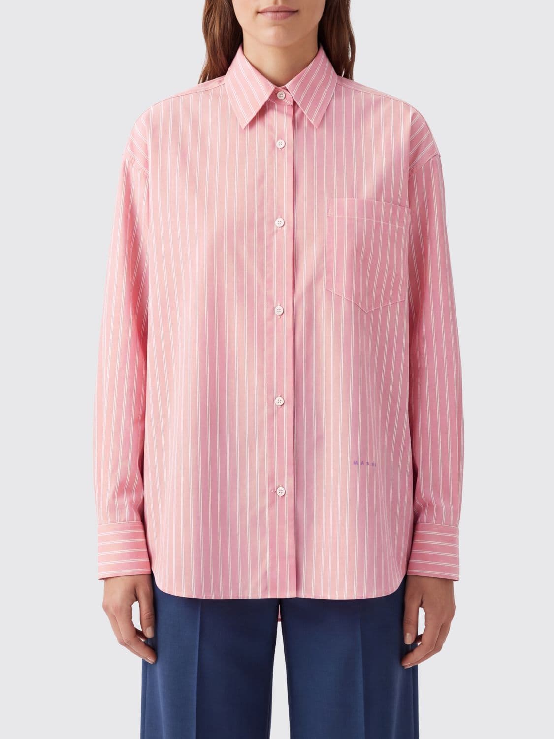 Marni Striped Relaxed Fit Shirt in Cotton Blend with Patch Pocket