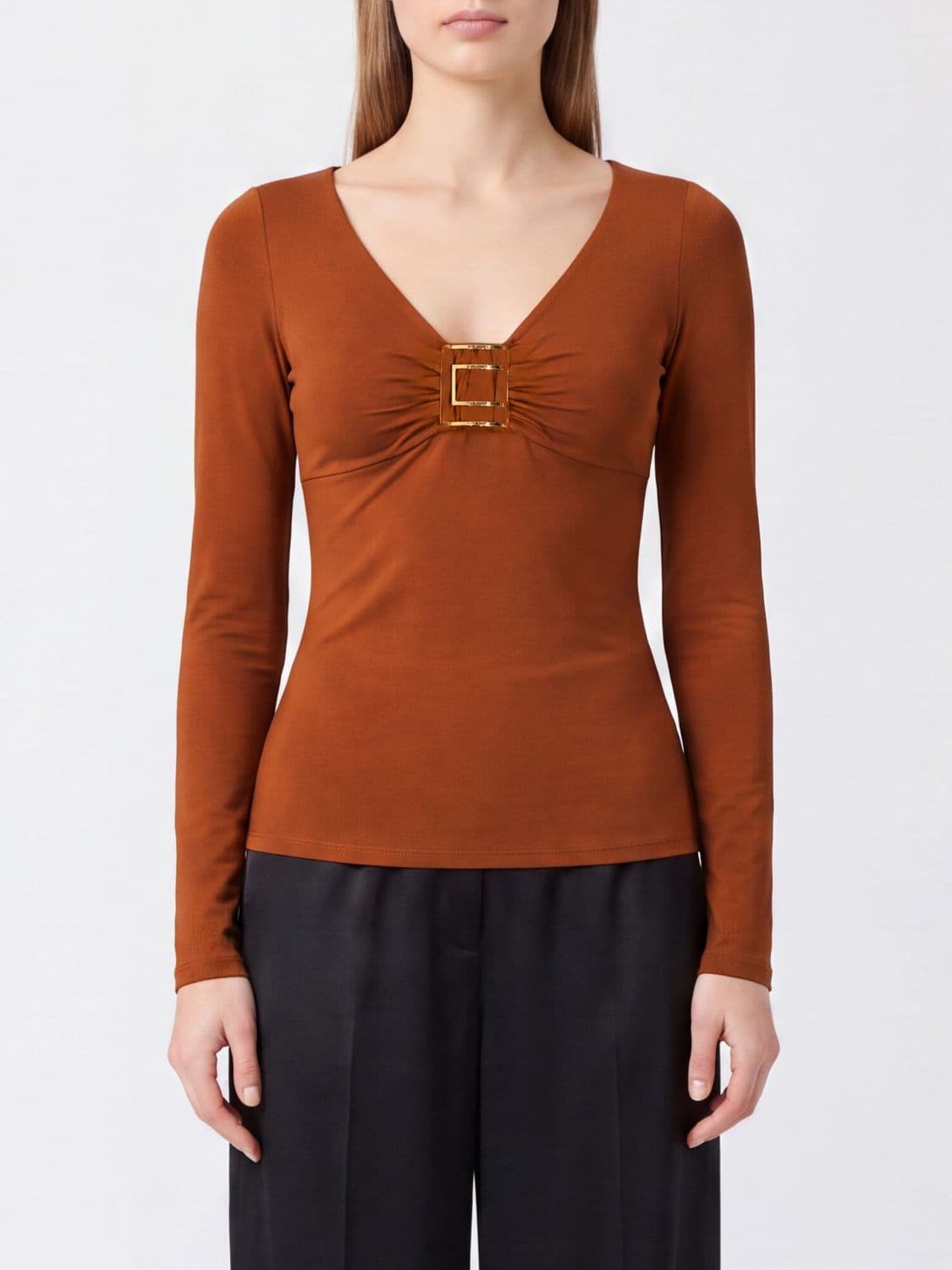 Elisabetta Franchi Long-Sleeved Slim Fit Top in Stretch Viscose with V-Neck