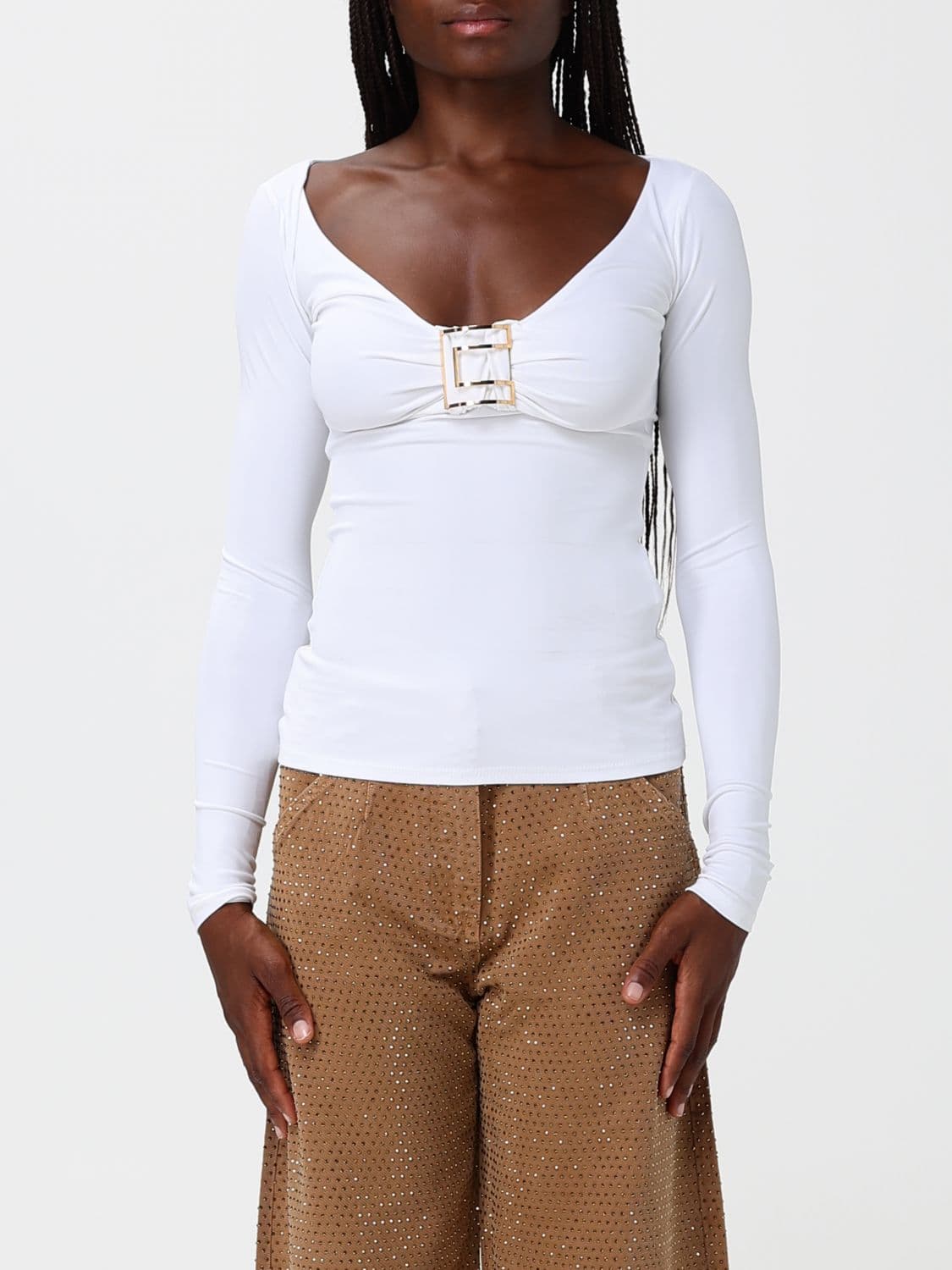 Elisabetta Franchi Long-Sleeved Slim Fit Top in Stretch Viscose with V-Neck