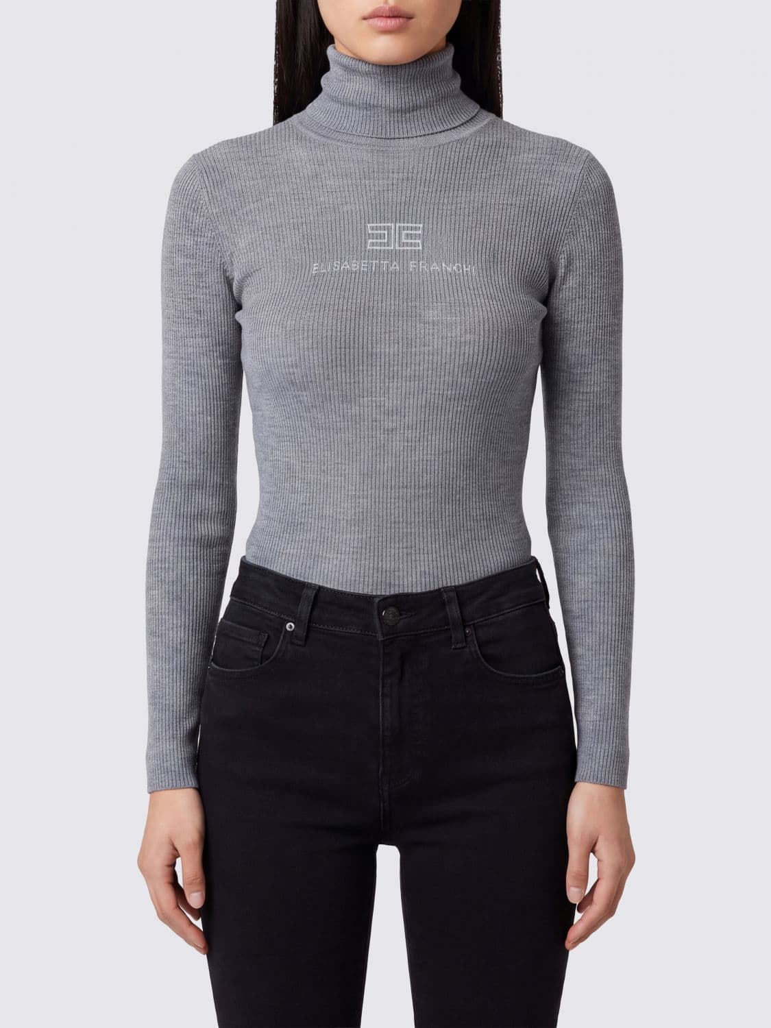 Elisabetta Franchi Slim Fit Wool Turtleneck Jumper with Contrast Logo