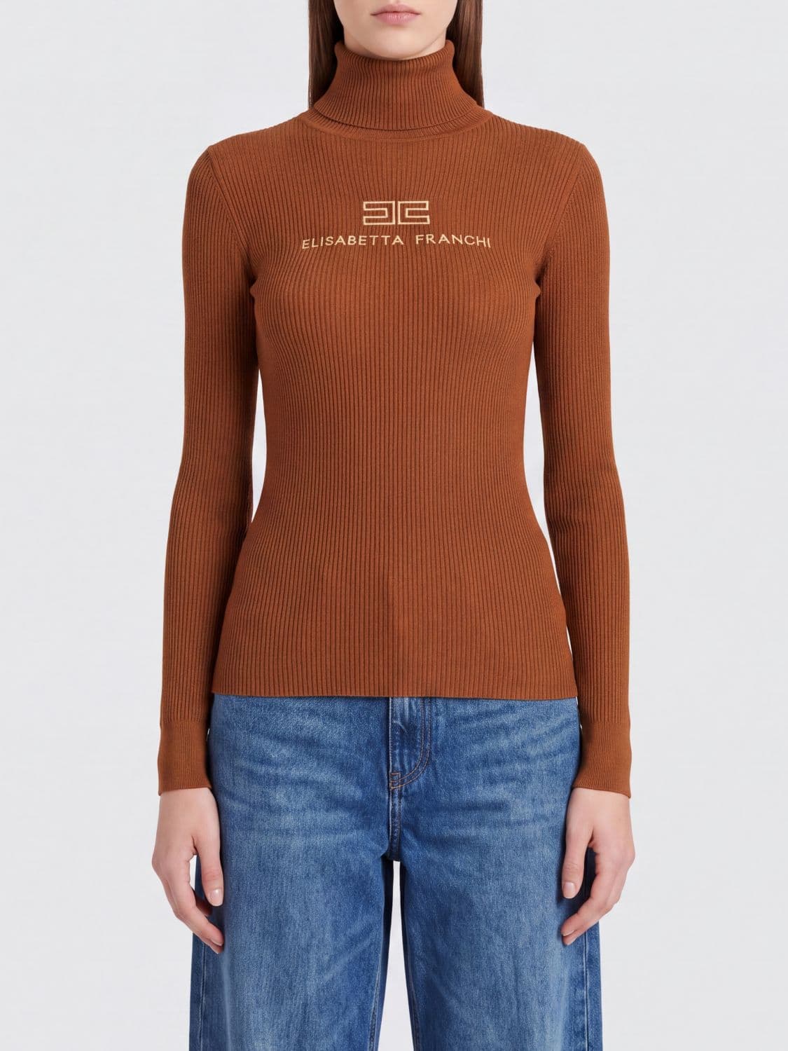 Elisabetta Franchi Slim Fit Wool Turtleneck Jumper with Contrast Logo