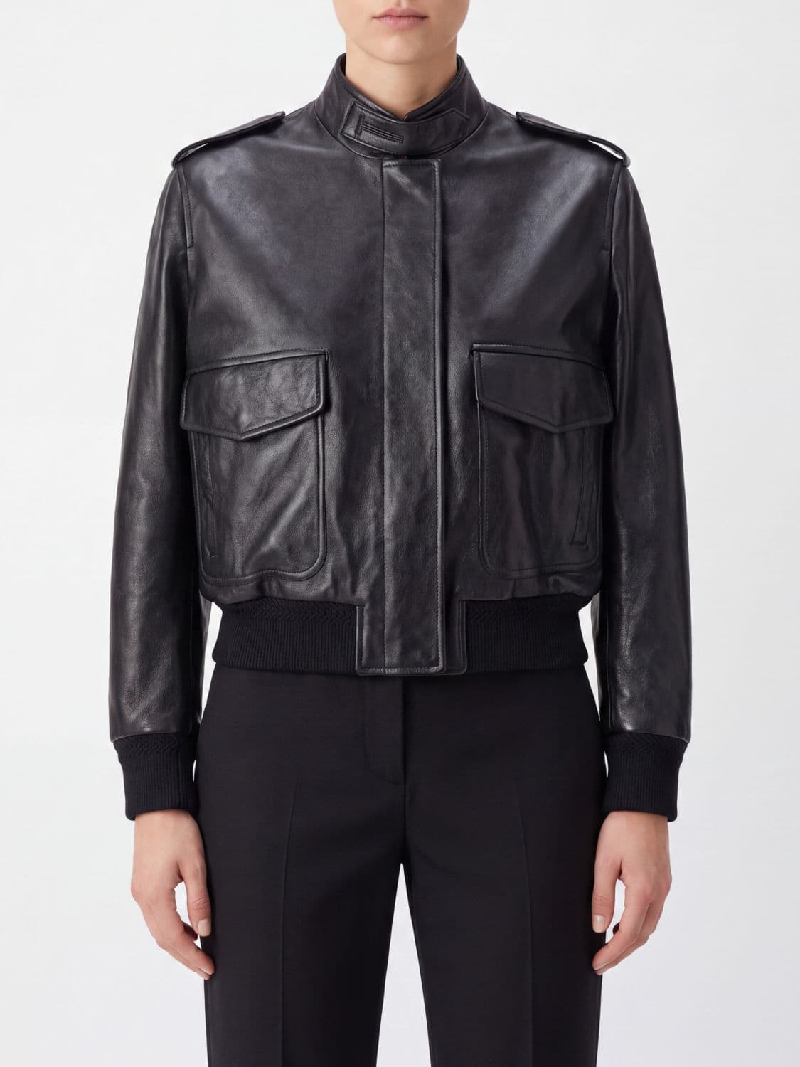 Tom Ford Lambskin Leather Bomber Jacket with High Neck and Epaulettes