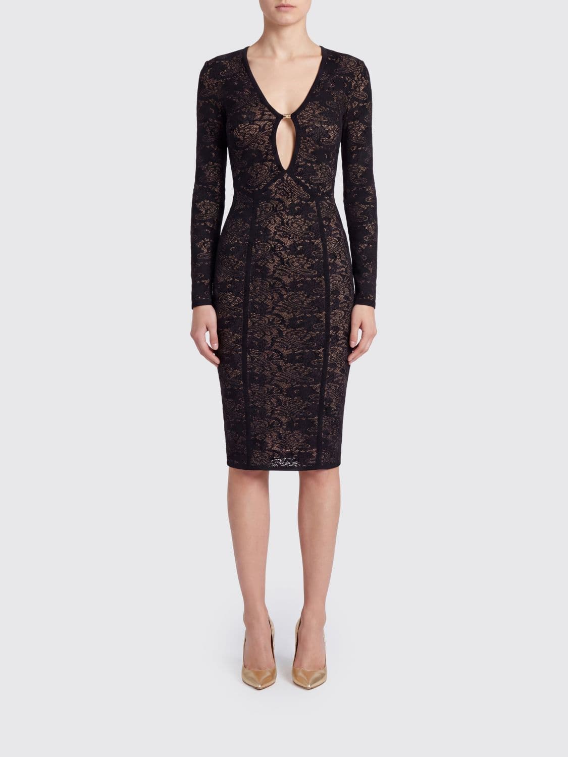 Elisabetta Franchi Lace Midi Sheath Dress with Cut-Out Details