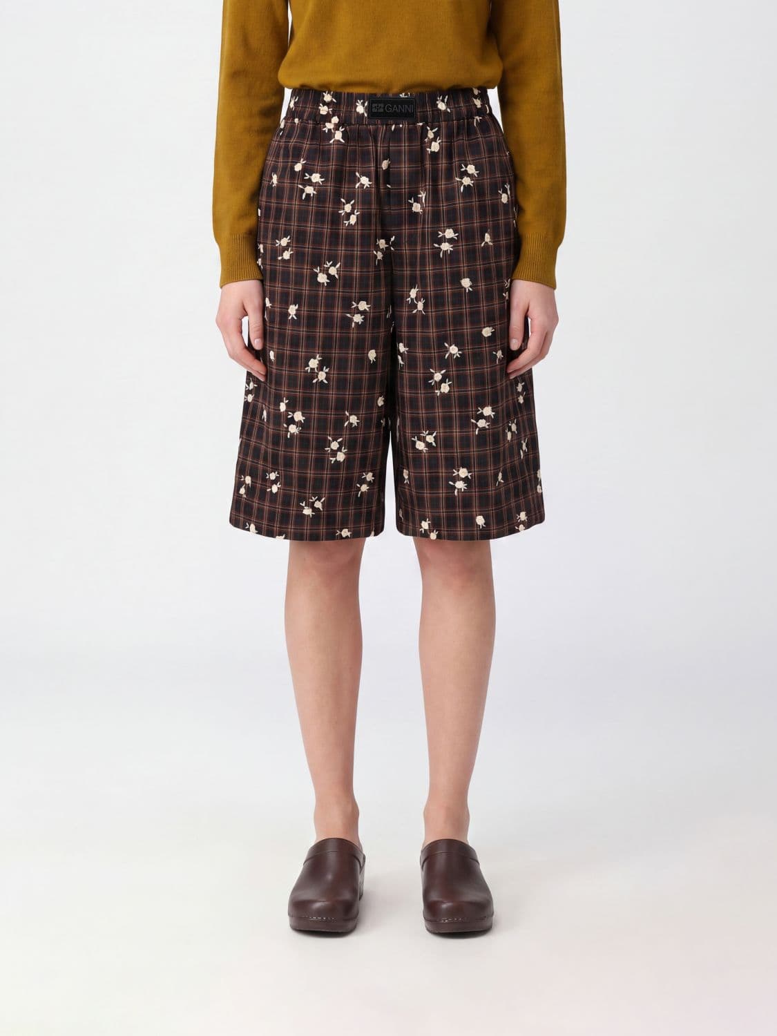 Ganni Check Organic Cotton High-Waisted Shorts with Elastic Waistband