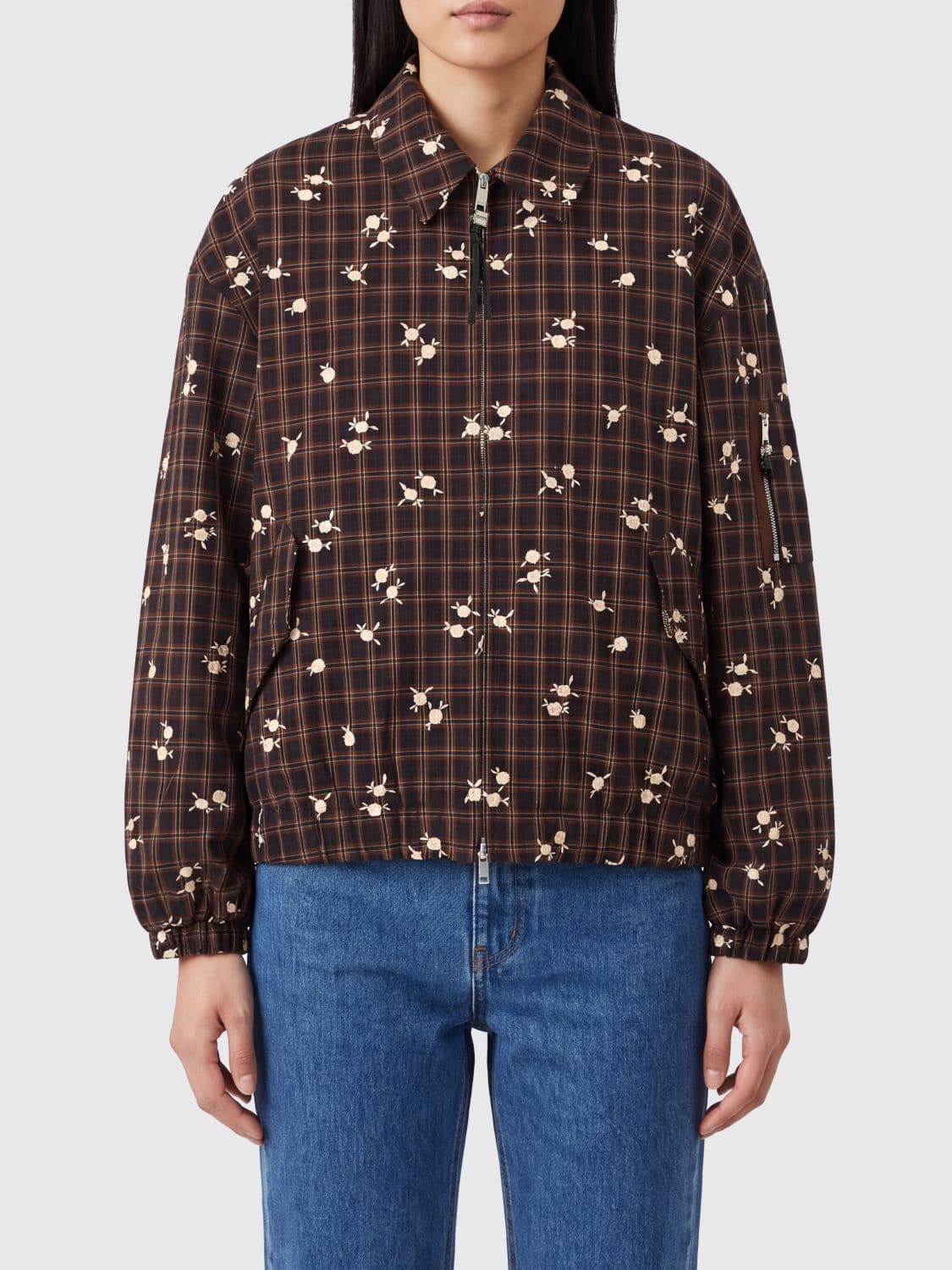 Ganni Check and Floral-Embroidered Organic Cotton Bomber Jacket