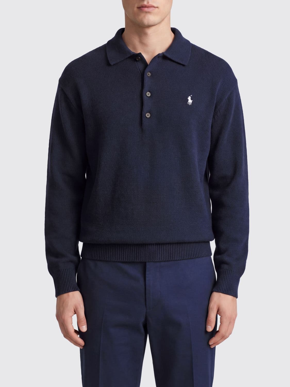 Polo Ralph Lauren Long-Sleeve Cotton Knit Polo Shirt with Pony Logo Embroidery