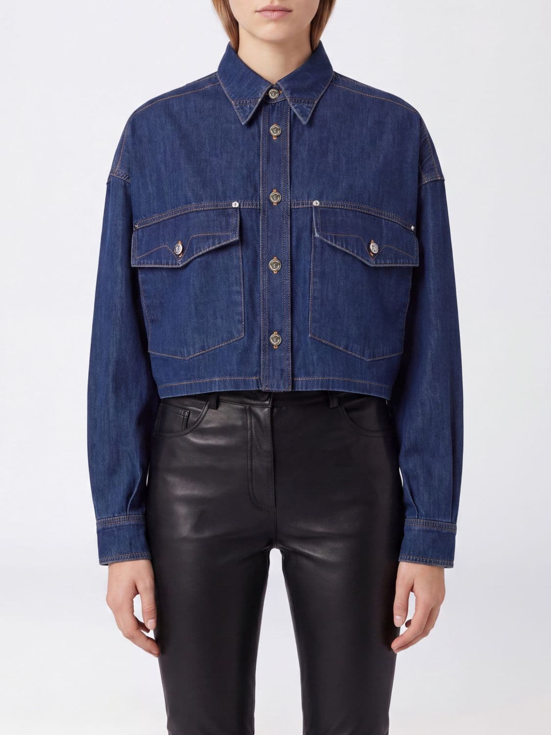 Versace Relaxed Fit Chambray Denim Shirt with Dropped Shoulders and Patch Pockets