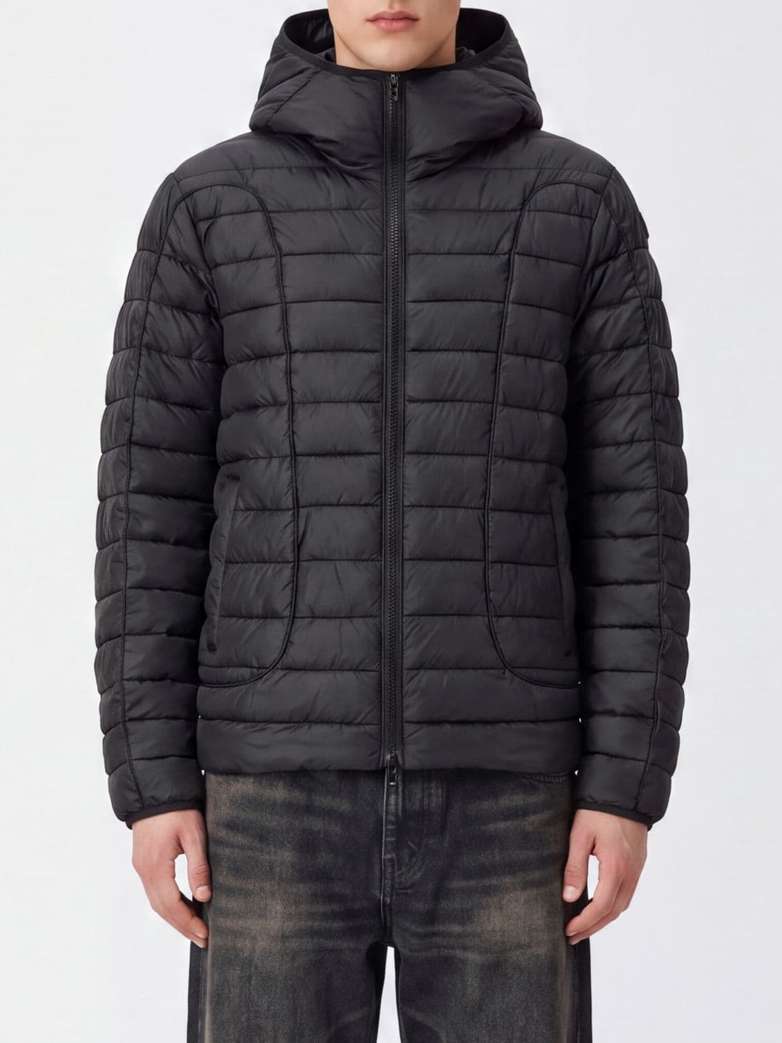 Diesel Hooded Quilted Short Nylon Puffer Jacket with Zip Closure
