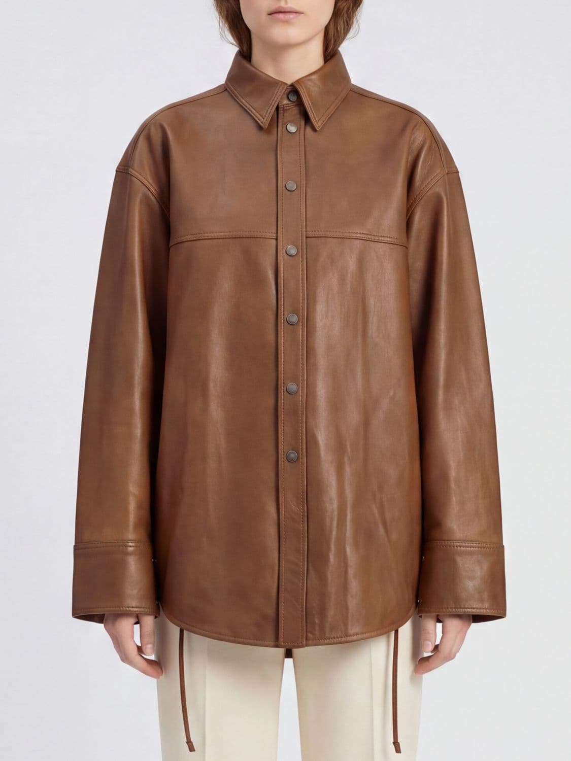 Haikure Victoria Relaxed Fit Sheepskin Leather Shirt with Drawstring Hem and Dropped Shoulders · XS