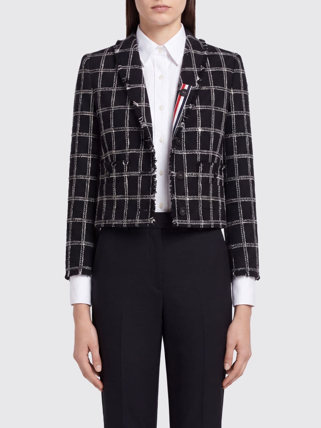 Thom Browne Check Pattern Cotton and Wool Blend Blazer with 4-Bar Logo
