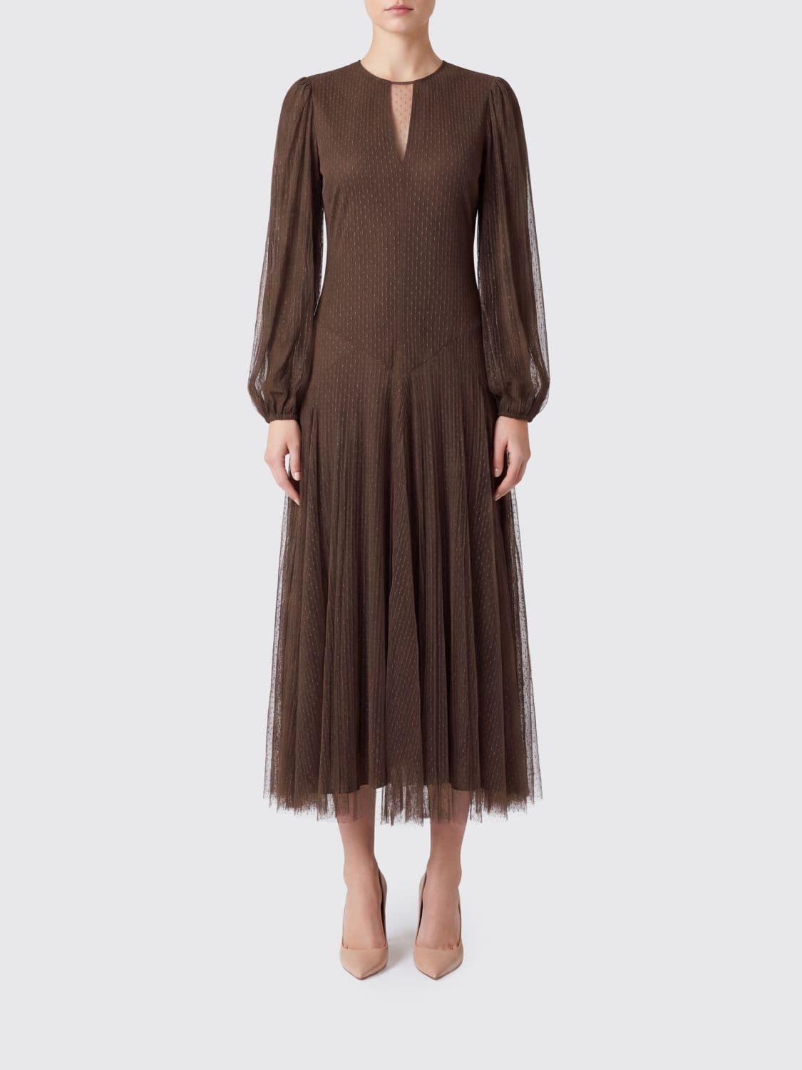 Twinset Pleated Tulle Midi Ceremonial Dress with Crew Neck
