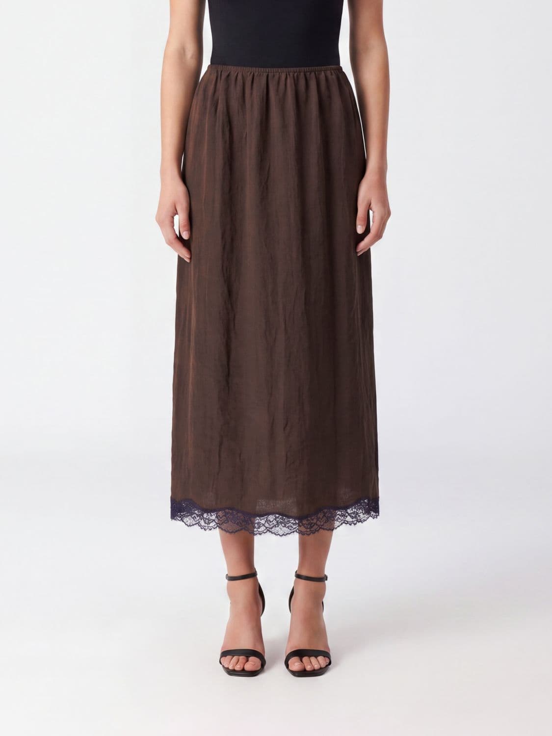 Twinset A-Line Satin Midi Skirt with Lace Inserts and High Waist