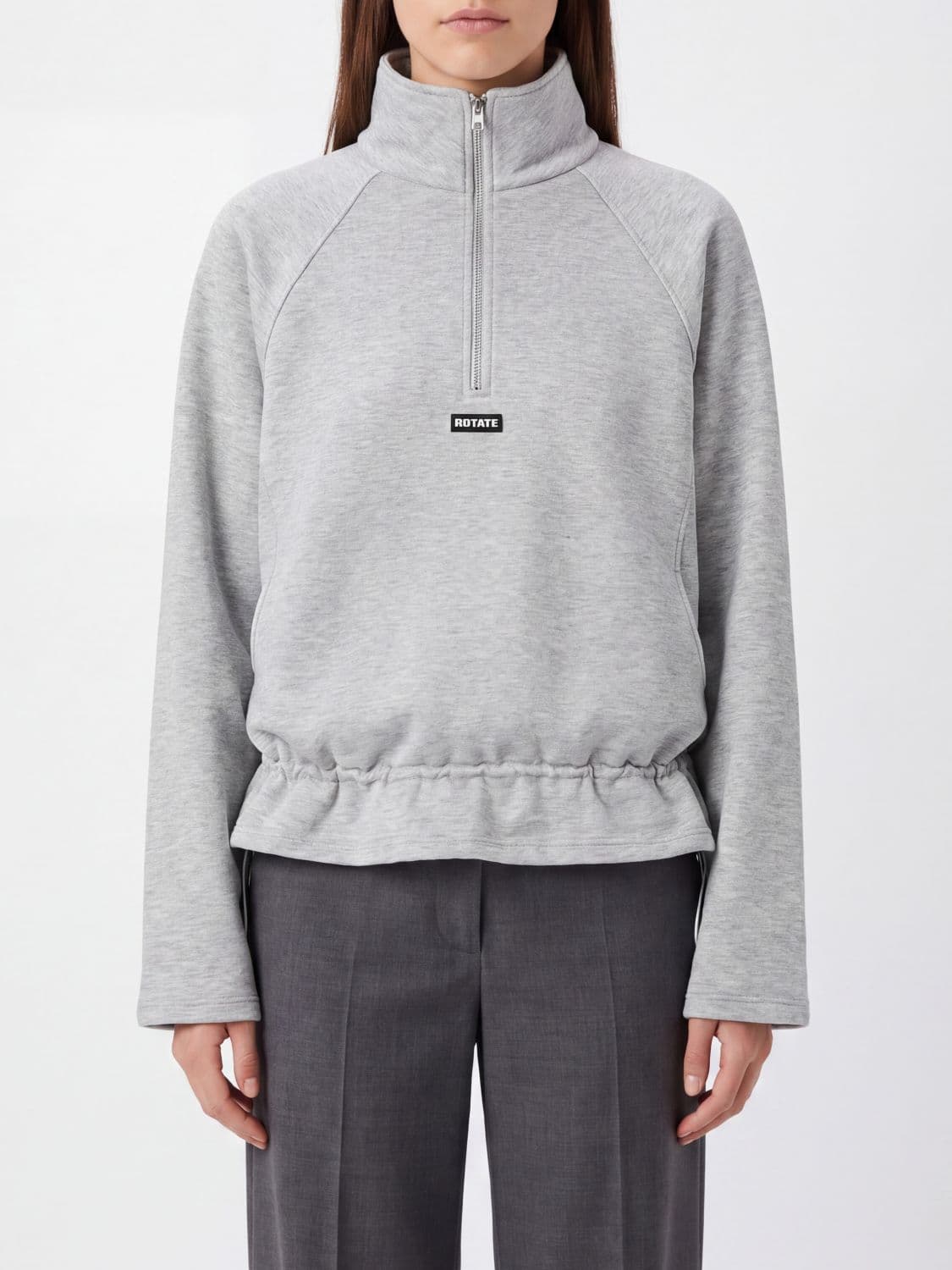 Rotate Half-Zip Funnel Neck Cotton Sweatshirt with Ruffled Hem