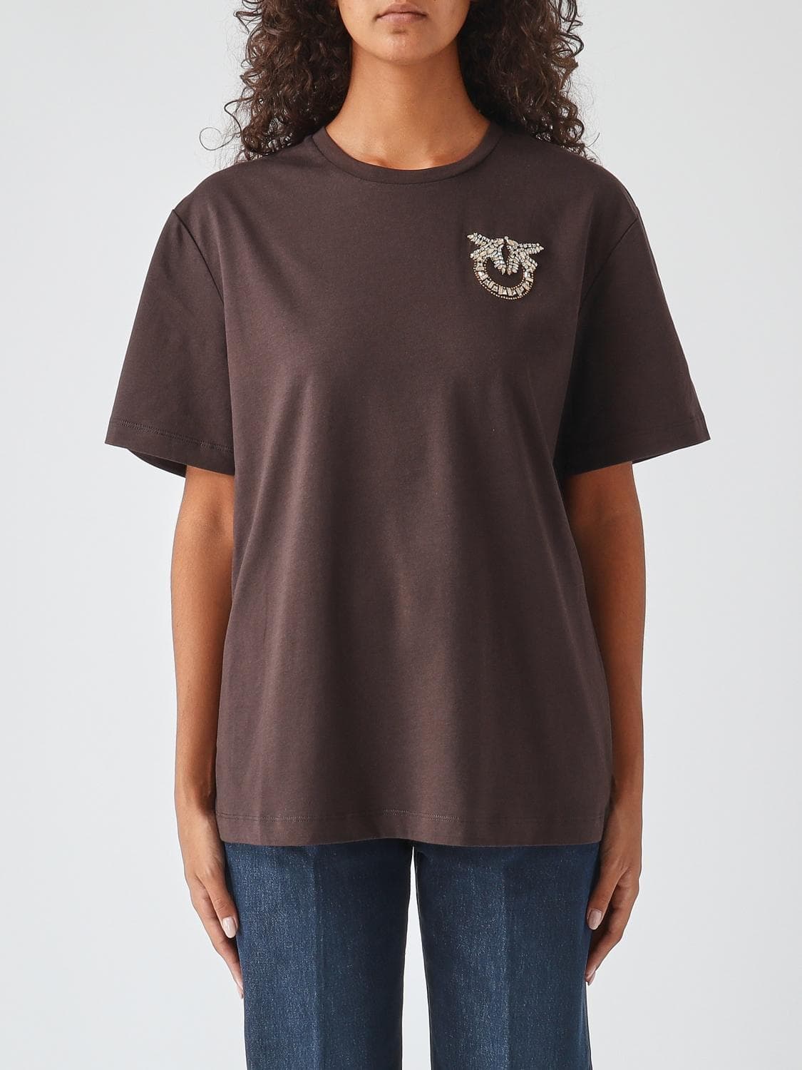 Pinko Cotton Crewneck T-shirt with Rhinestone Love Birds Logo