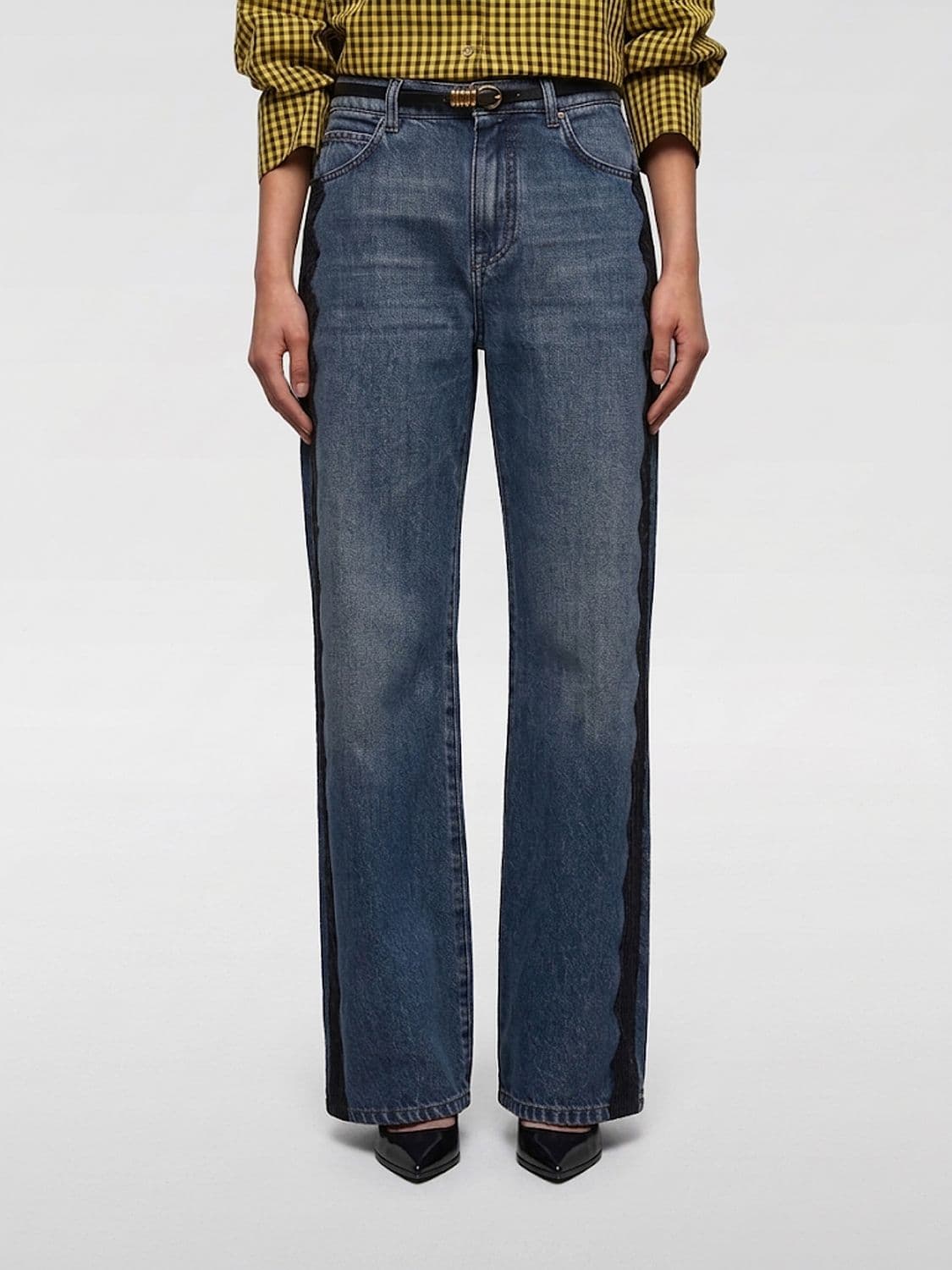 Pinko High-Waisted Wide Leg Jeans in Cotton Denim with Lace Inserts