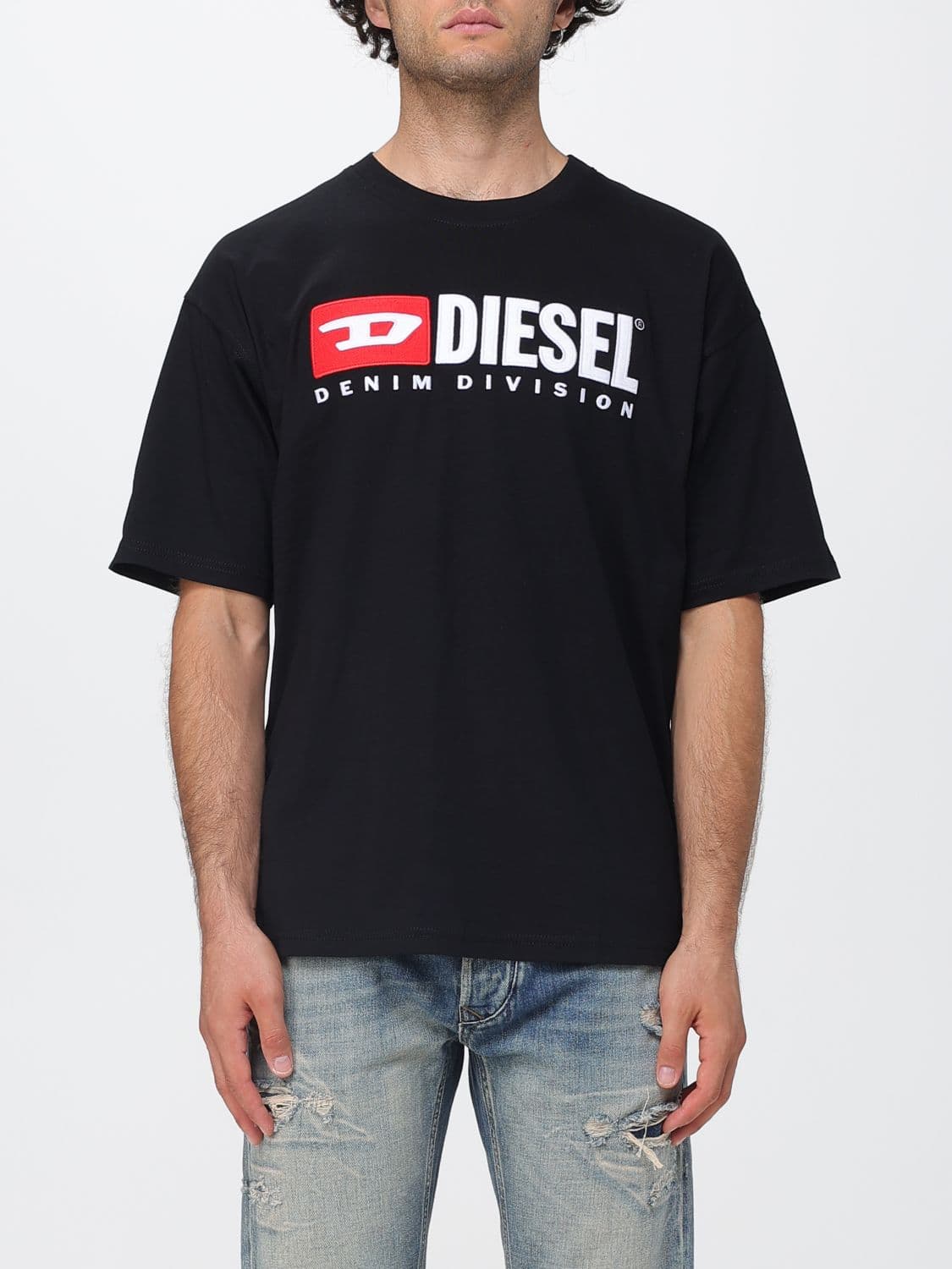 Diesel Crew Neck Cotton T-Shirt with Contrast Logo and Dropped Shoulders