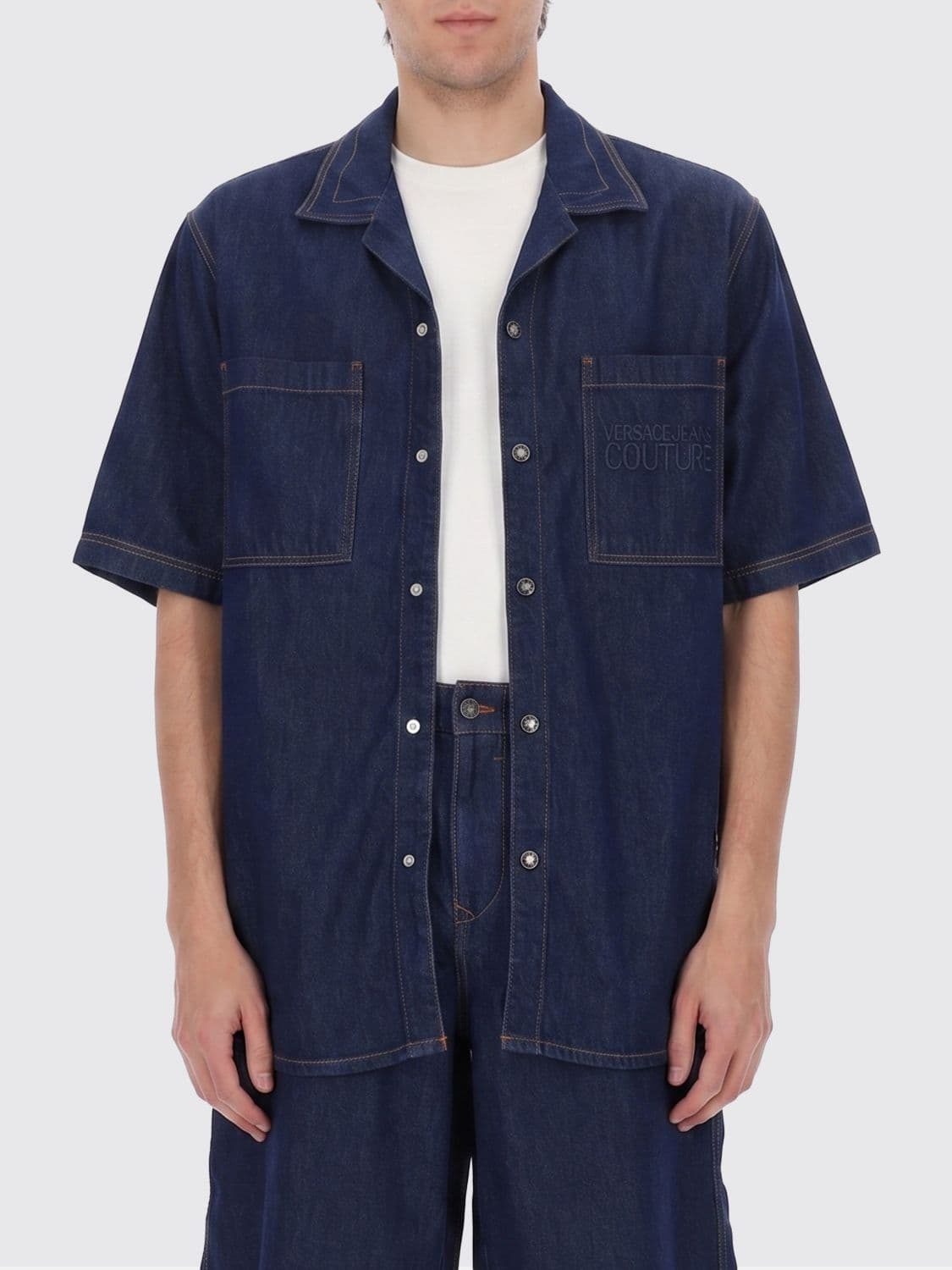 Versace Jeans Couture Relaxed Fit Denim Bowling Shirt with Cuban Collar