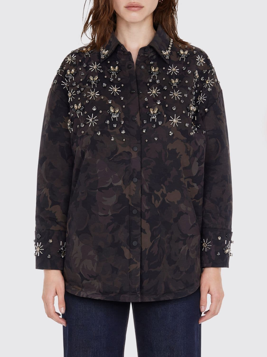 Pinko Floral Embroidered Cropped Shirt Jacket with Rhinestones