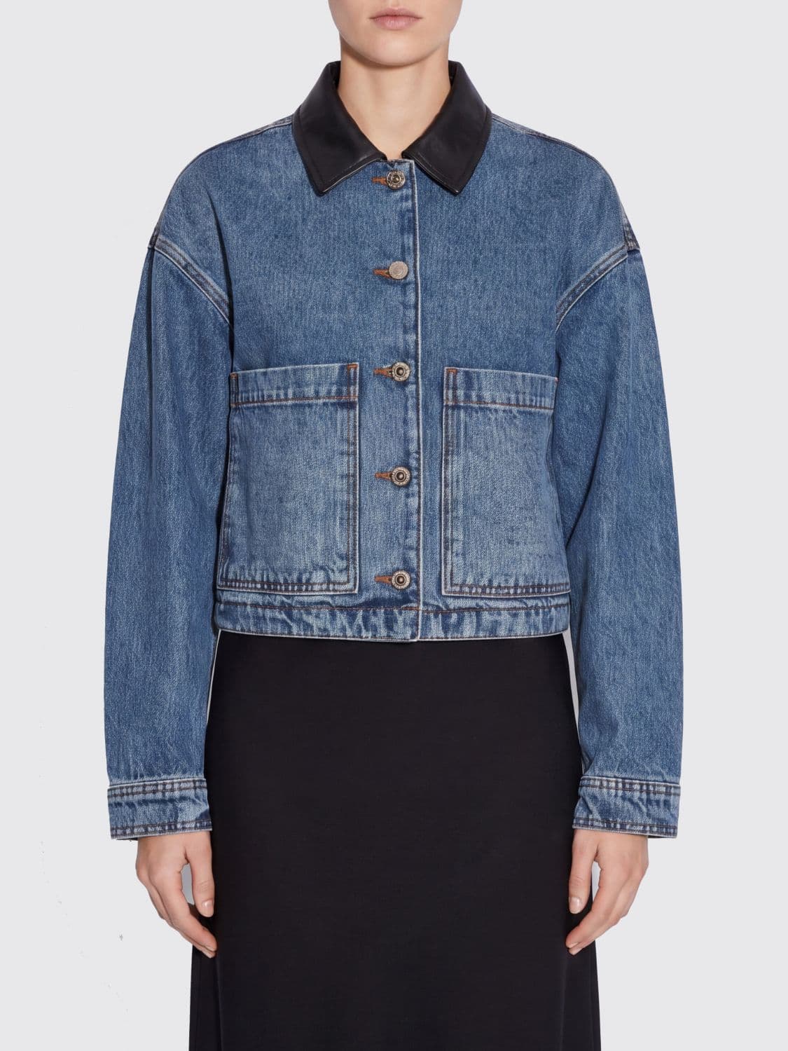 Anine Bing Denim Jacket with Leather Collar and Dropped Shoulders