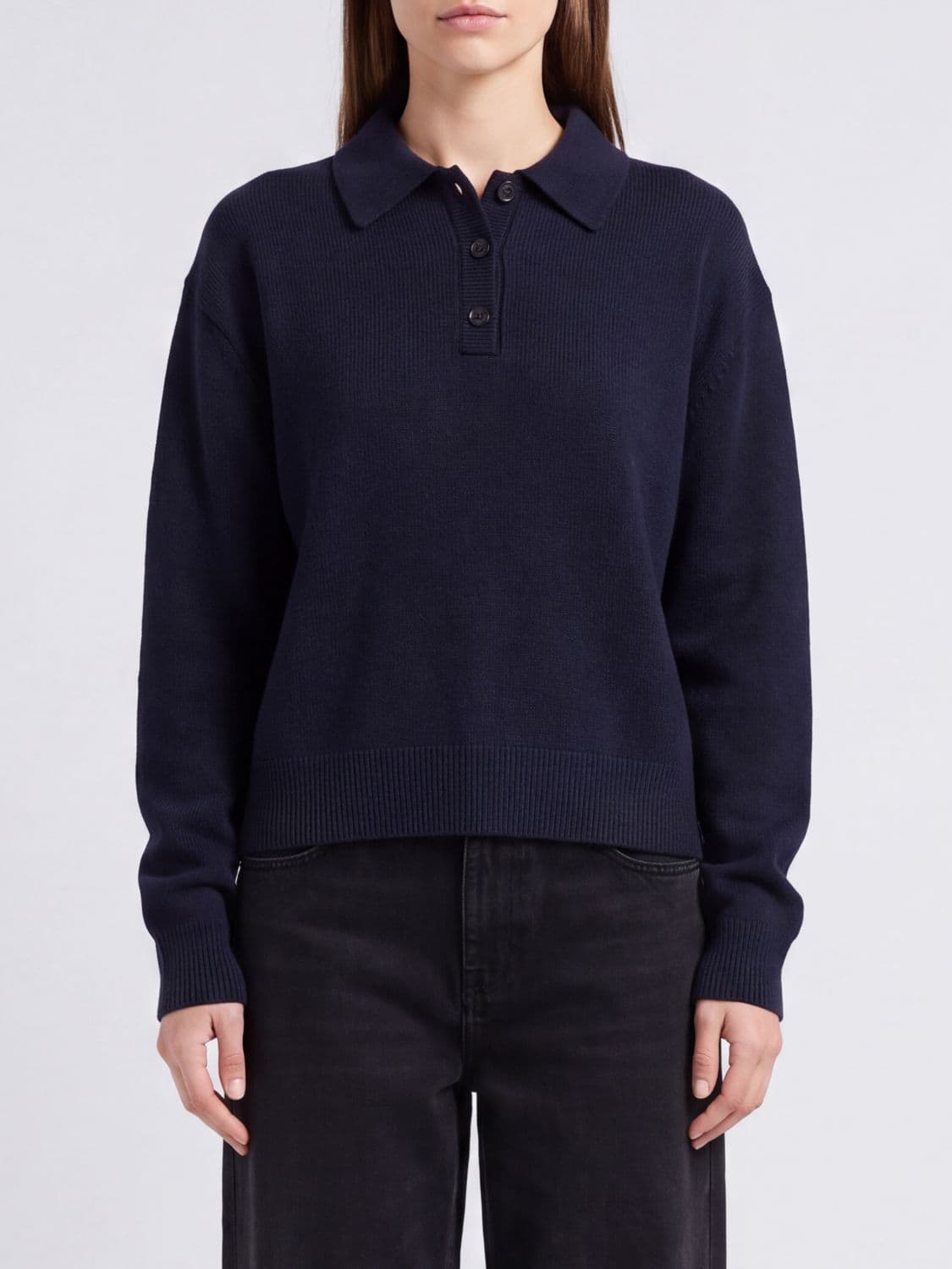 Anine Bing Long-Sleeved 100% Cashmere Knit Polo Shirt with Dropped Shoulders