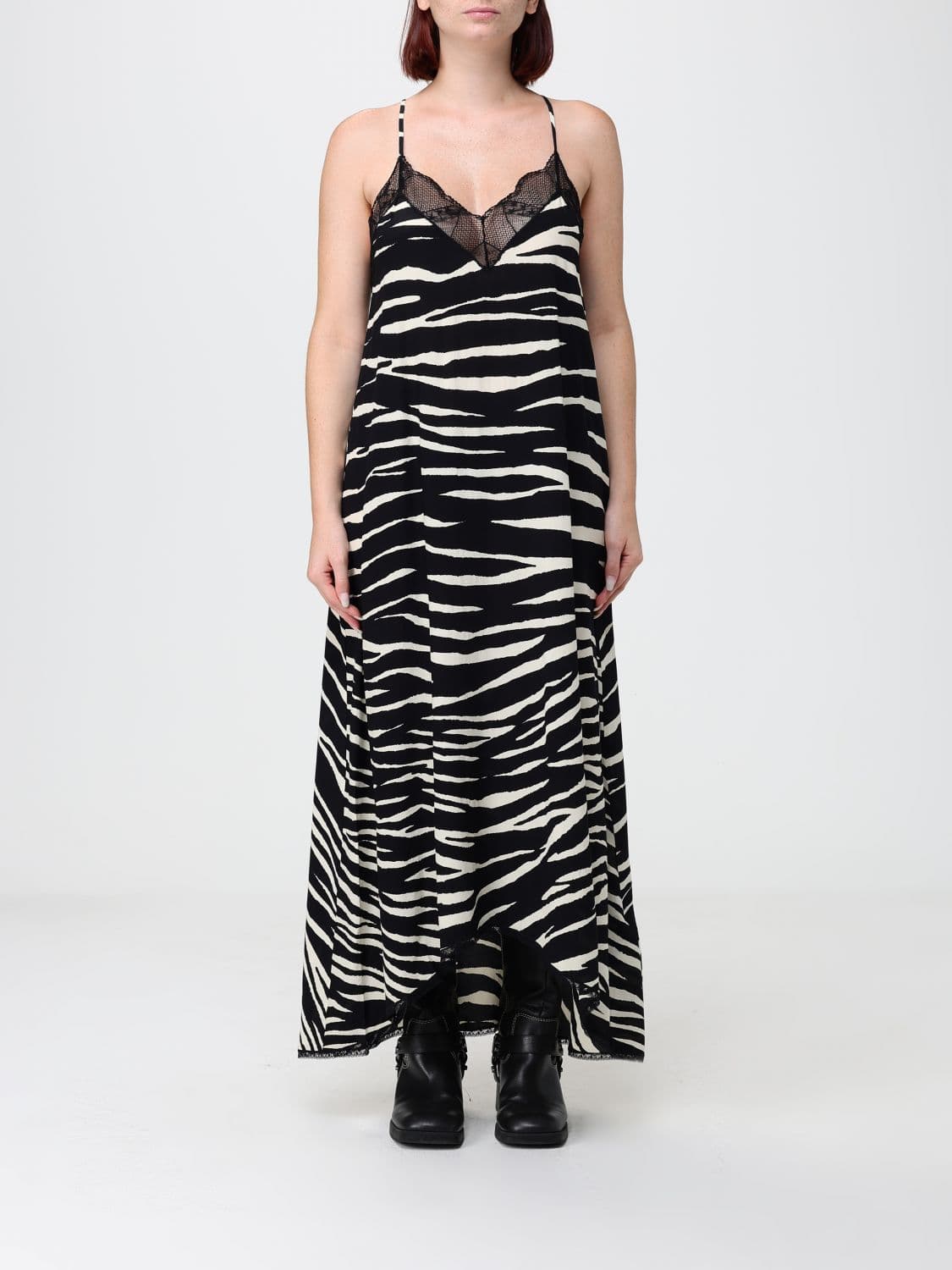 Zadig & Voltaire Zebra Print Midi Slip Dress with Lace Inserts