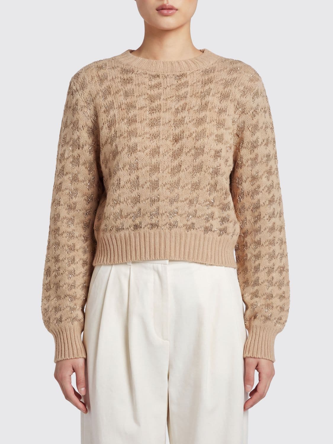 Twinset Houndstooth Wool Blend Crewneck Jumper with Lurex