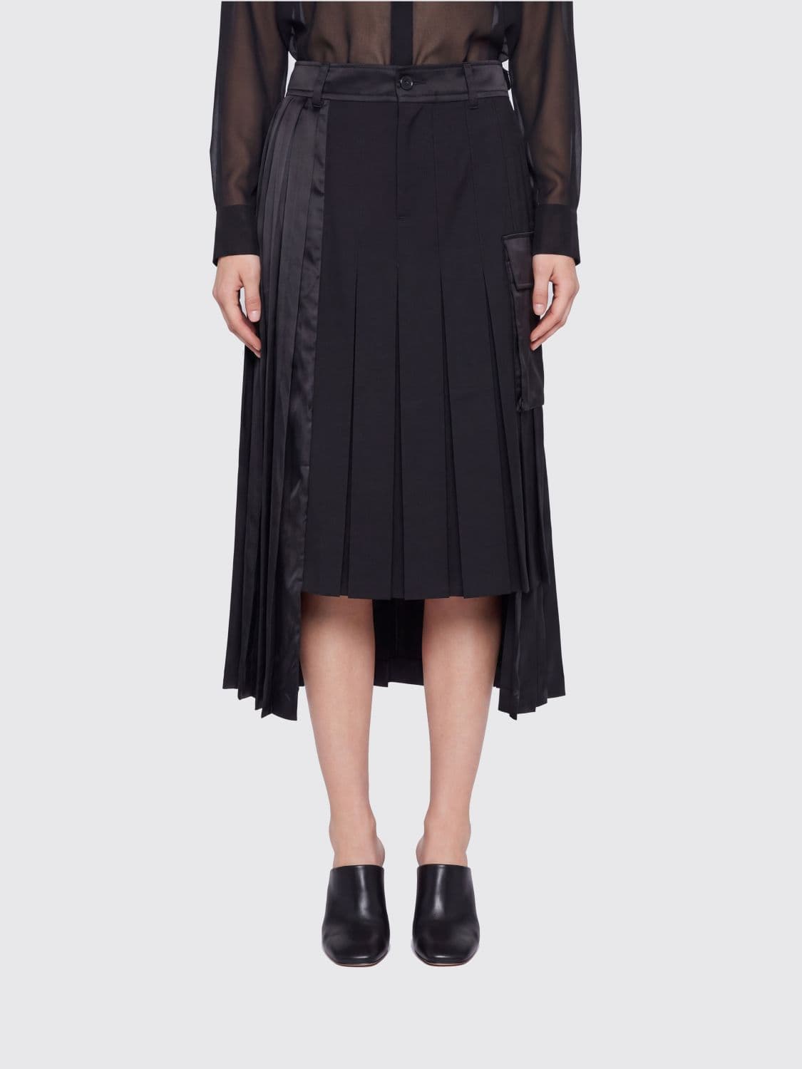 Sacai Asymmetrical Midi Skirt in Wool Blend with Pleats and Cargo Pockets